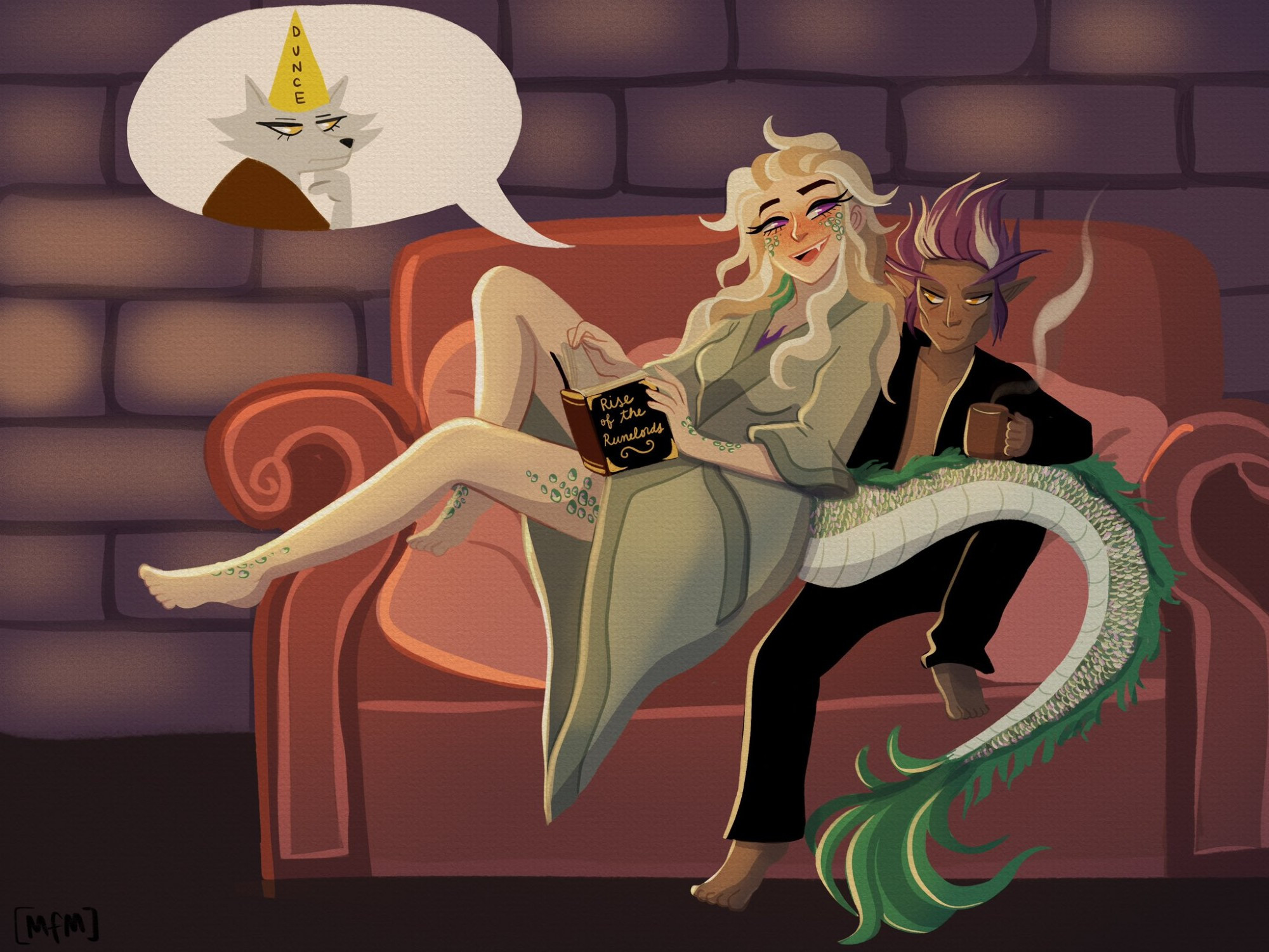 Minovae and Regill having a nice time snuggling in the couch while laughing at Aria 