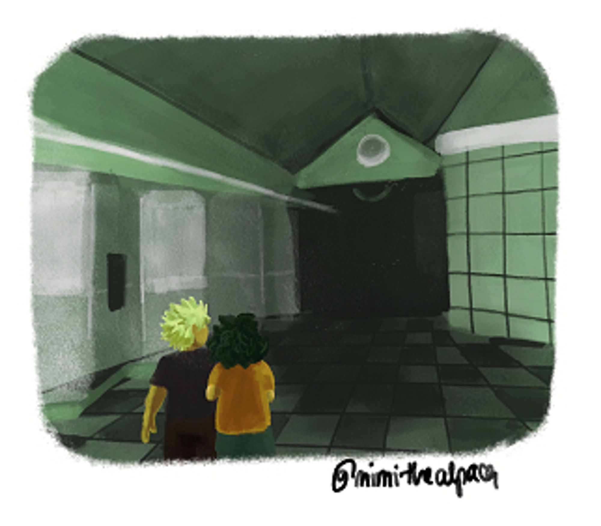 baby bkdk staring at the entrance of something... in a mall... liminal mall...