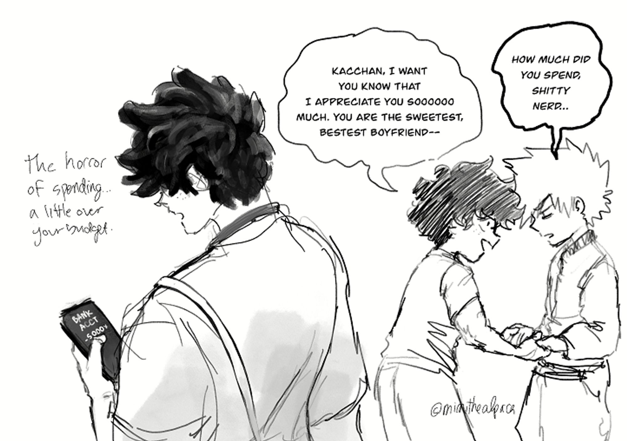 deku is looking at his phone. on the phone screen, there is text indicating that his bank account has been over withdrawn... next to him is some dialogue of bkdk. deku is telling kacchan he appreciates him so much. kacchan smells the stink of a man who has spent too much and asks him, "how much did you spend, shitty nerd..."