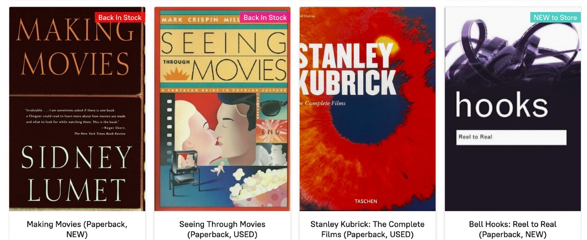 Covers of Sidney Lumet's Making Movies, the anthology Seeing Through Movies, the large-format paperback Stanley Kubrick, and Bell Hooks' Reel to Real