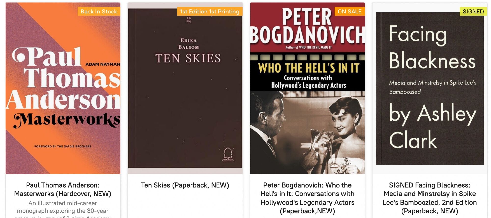 Covers of Paul Thomas Anderson Masterworks, Ten Skies, Peter Bogdanovich's Who the Hell's In It, and Ashley Clark's Facing Blackness.