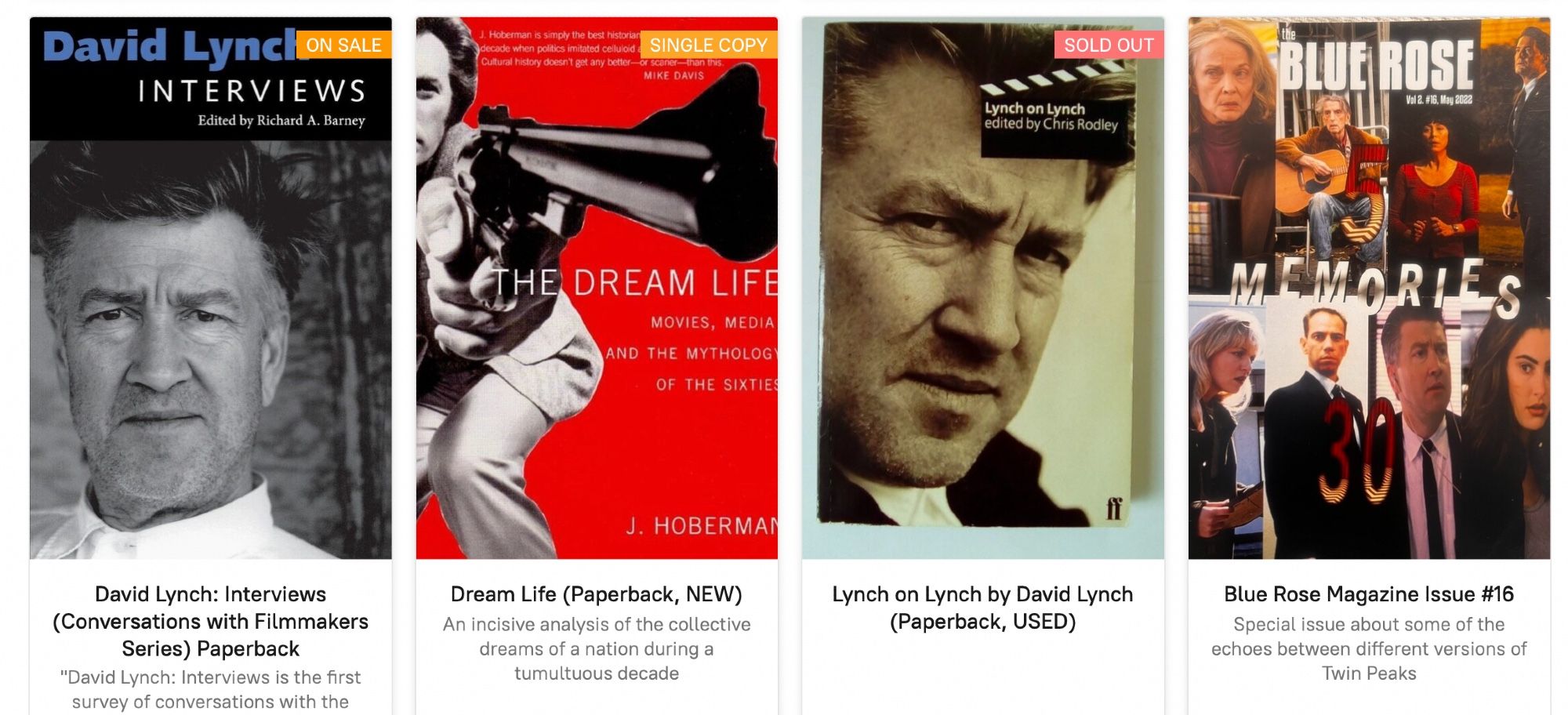 Covers of David Lynch Interviews, the J. Hoberman collection The Dream Life, Lynch on Lynch, and Blue Rose Memories (a publication devoted to Twin Peaks)