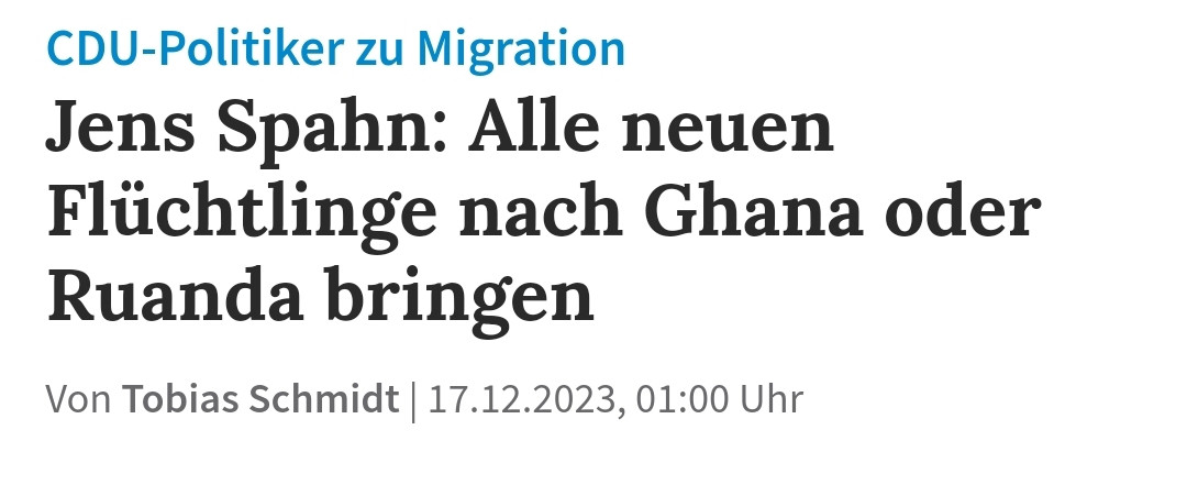 Überschrift eines Online-Artikels: Jens Spahn: alle neuen Flüchtlinge nach Ghana oder Ruanda bringen