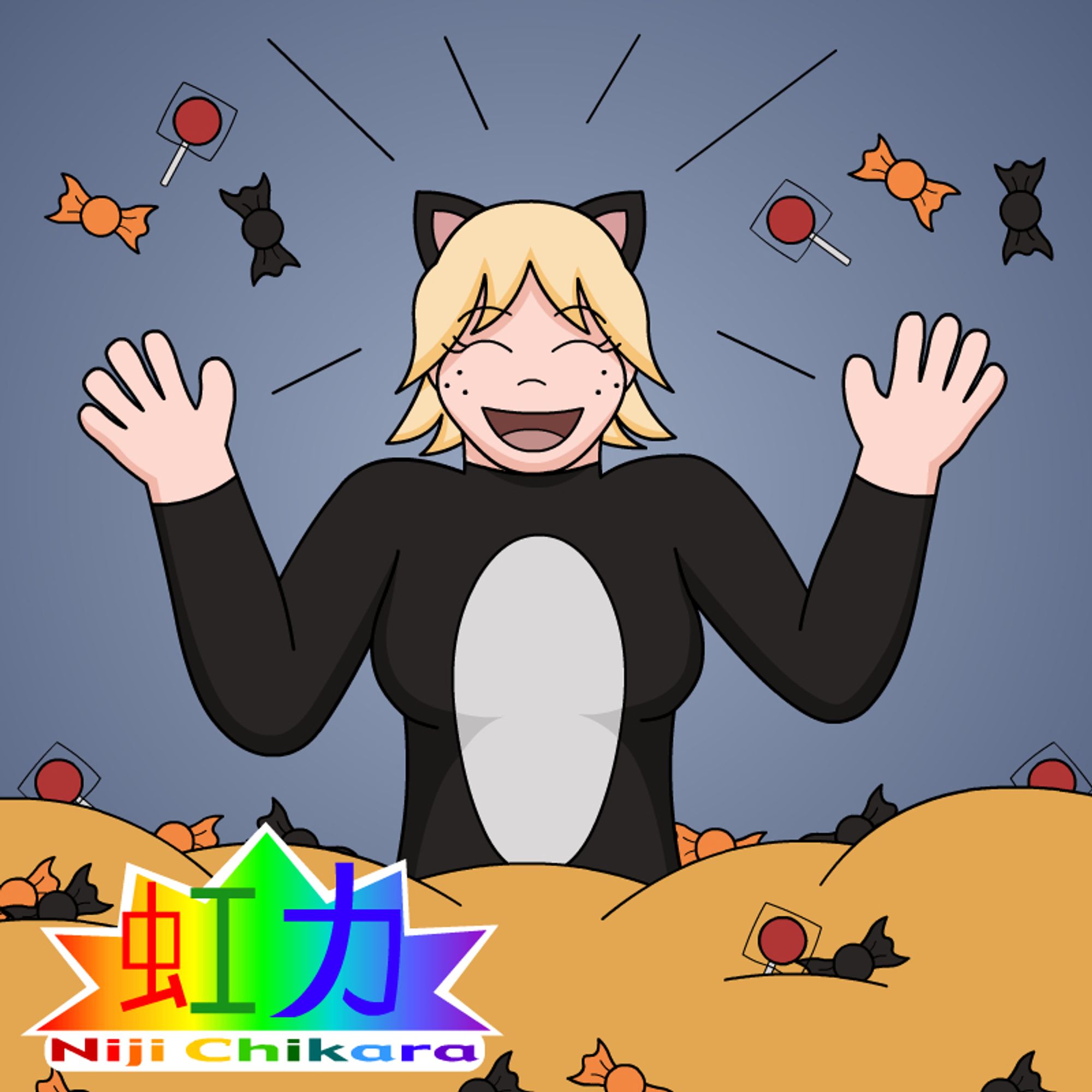 A blonde girl in a cat costume is sitting in a pile of candy. She is tossing some of it in the air and is very happy.