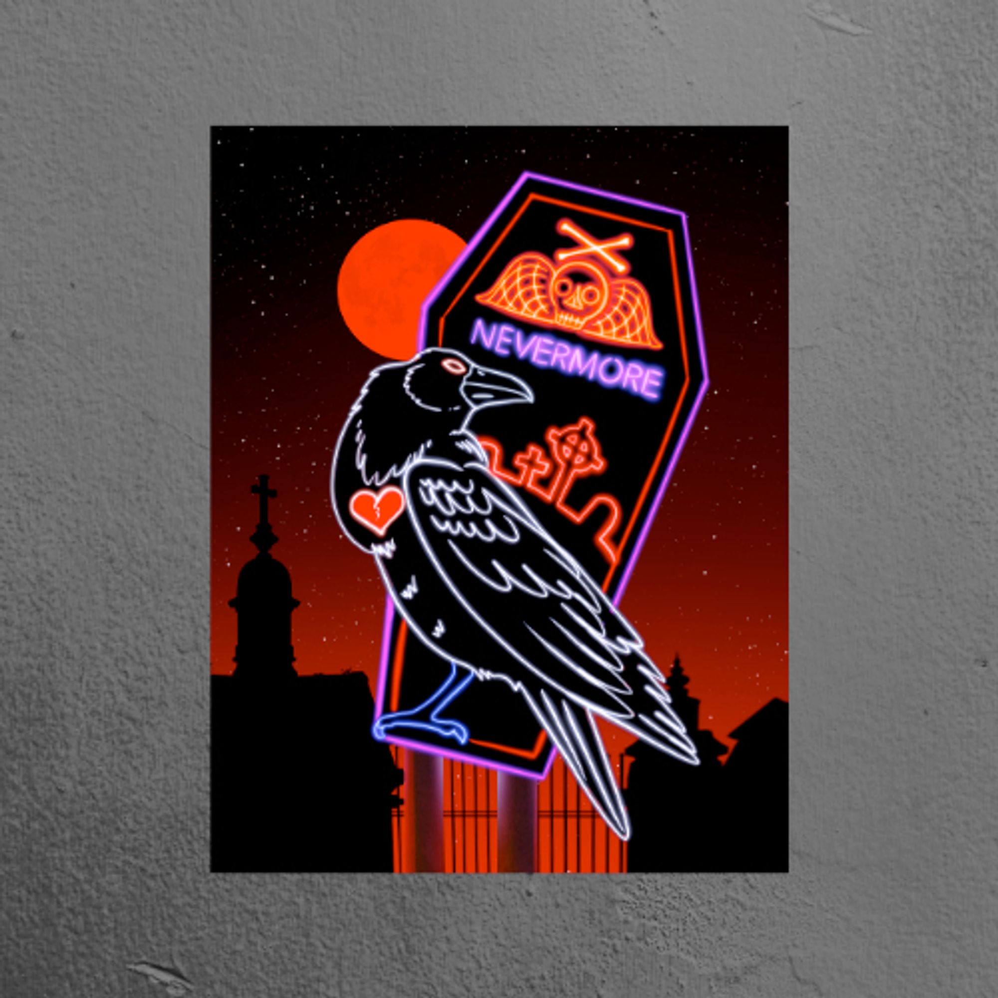 A print hung on a grey plaster wall. The print is art of a neon sign featuring a big black raven with a broken red heart, outlined in white. Behind him is a black coffin outlined  in neon purple and red, with neon red gravestones and a skull. It says "Nevermore" in neon purple. The sky behind the sign is ominous and red, with a red moon rising. A cemetery is silhoeutted in the background.