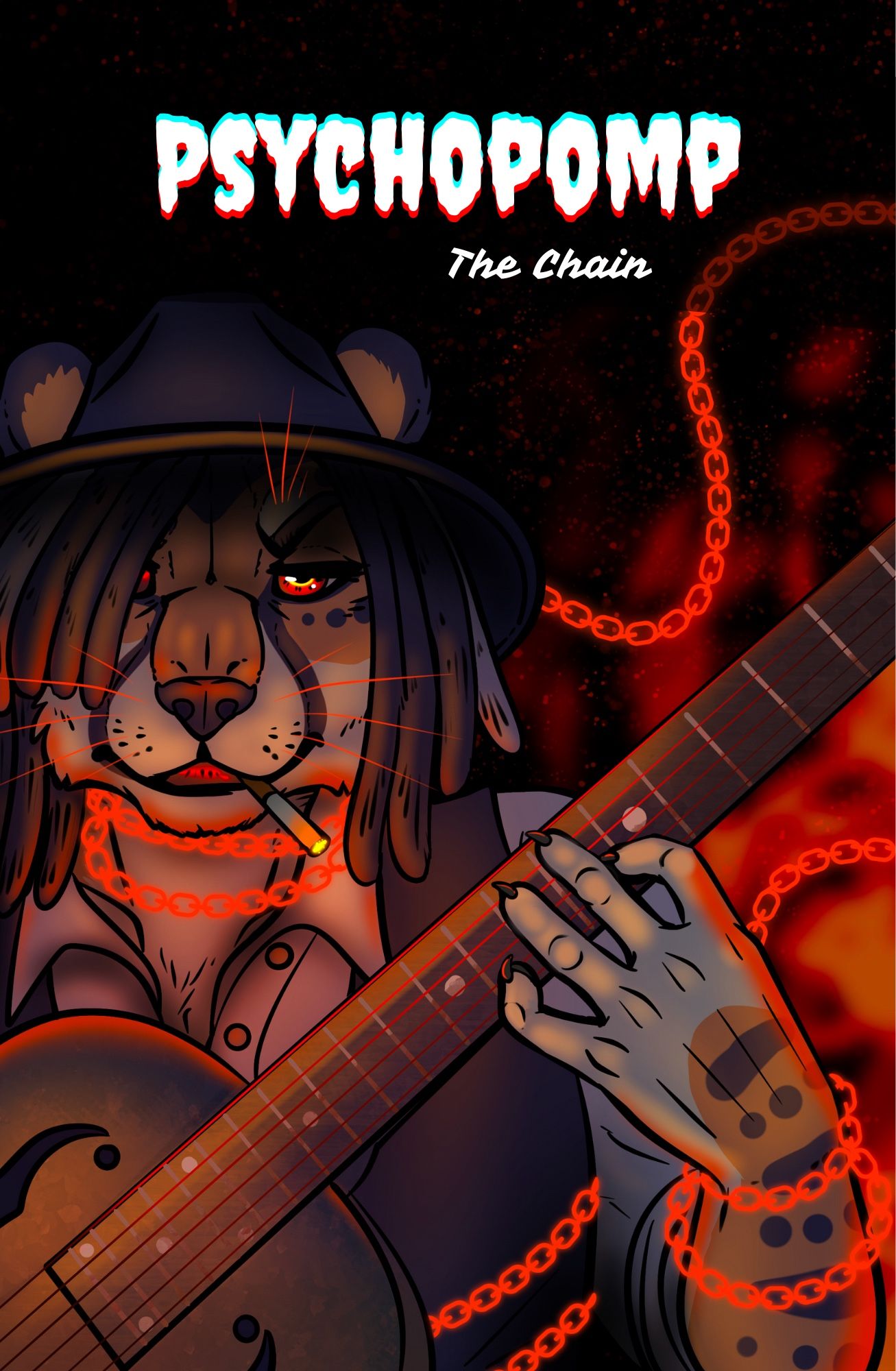 Cover of Psychopomp Issue 5. It says “The Chain”. It features art of an Anthro cheetah woman playing guitar, smoking a cigarette, wearing a fedora. She is wrapped in glowing red chains and there is fiery light behind her.