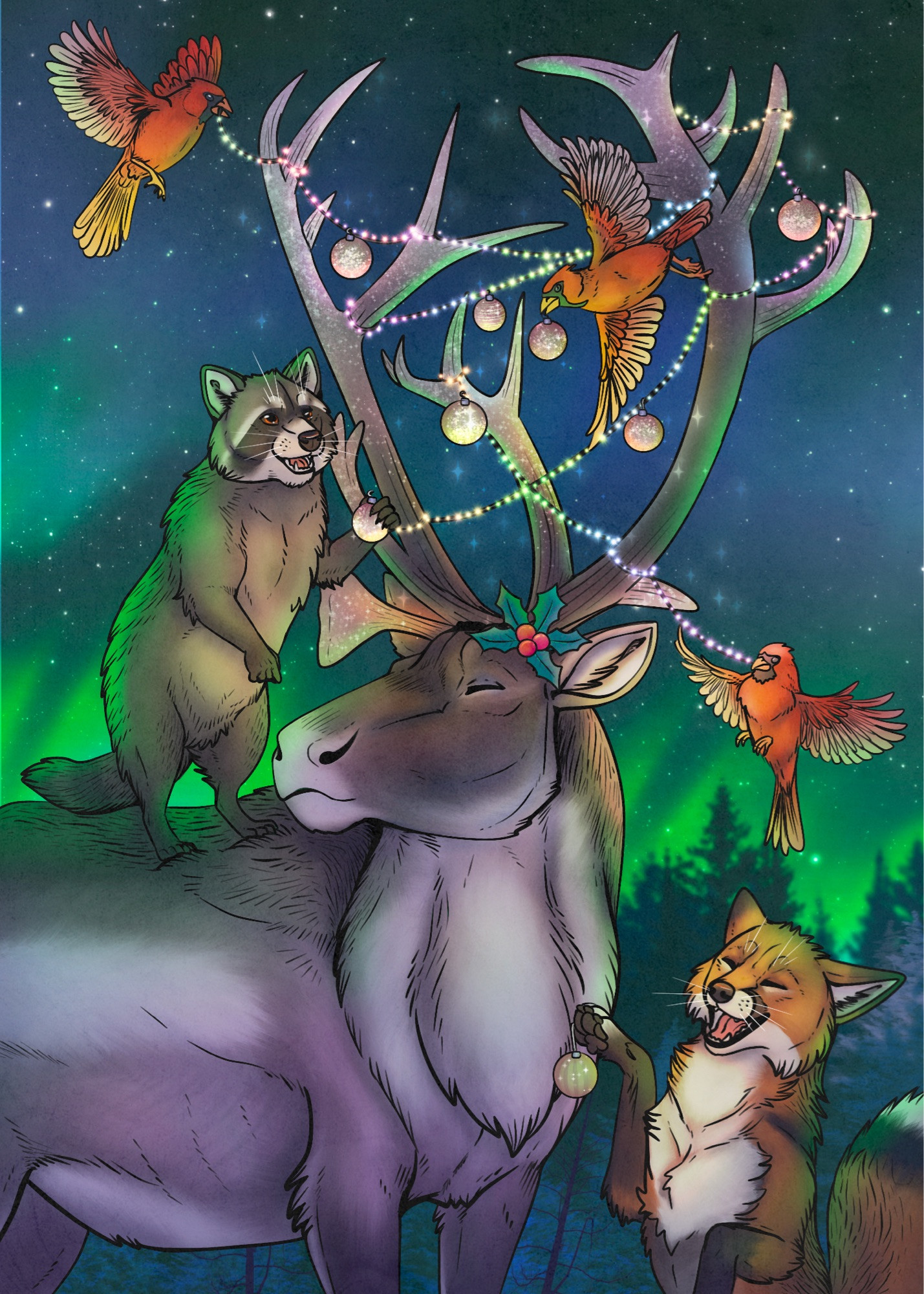 A caribou. Its antlers are being decorated like a Christmas tree with lights and bulbs. Three red cardinals are carrying the lights. A red fox and a raccoon are offering up sparkly Christmas bulbs for the birds to add next. The background is snowy pine trees, a starry sky, and green aurora borealis.