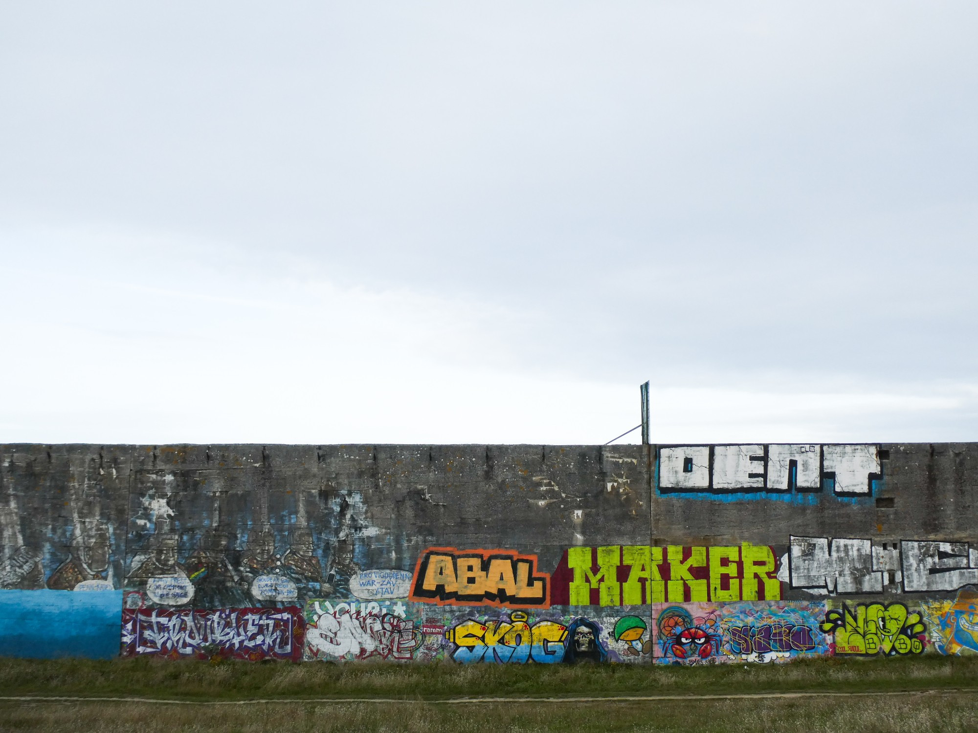 A section of the retaining wall running through the site, bright with graffiti