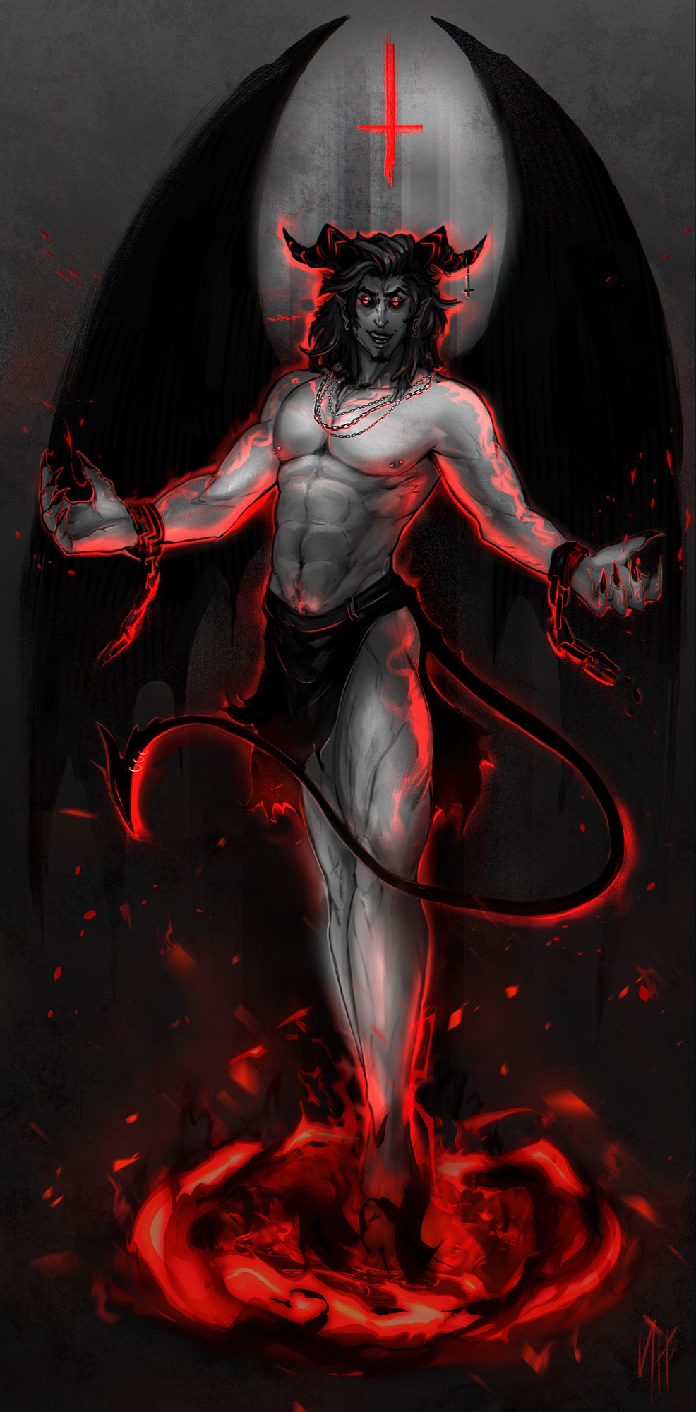 DeVahl as a devil, arms out and in an imposing stance surrounded by fire. 