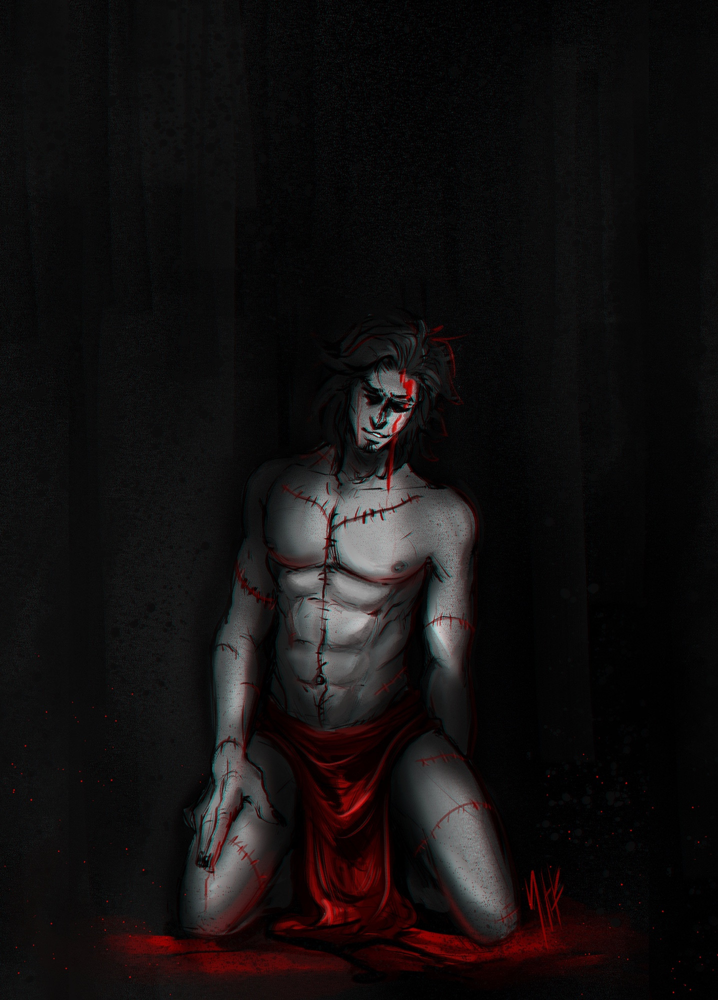 An undead version of DeVahl on his knees, covered in sutures, in a pool of blood. 