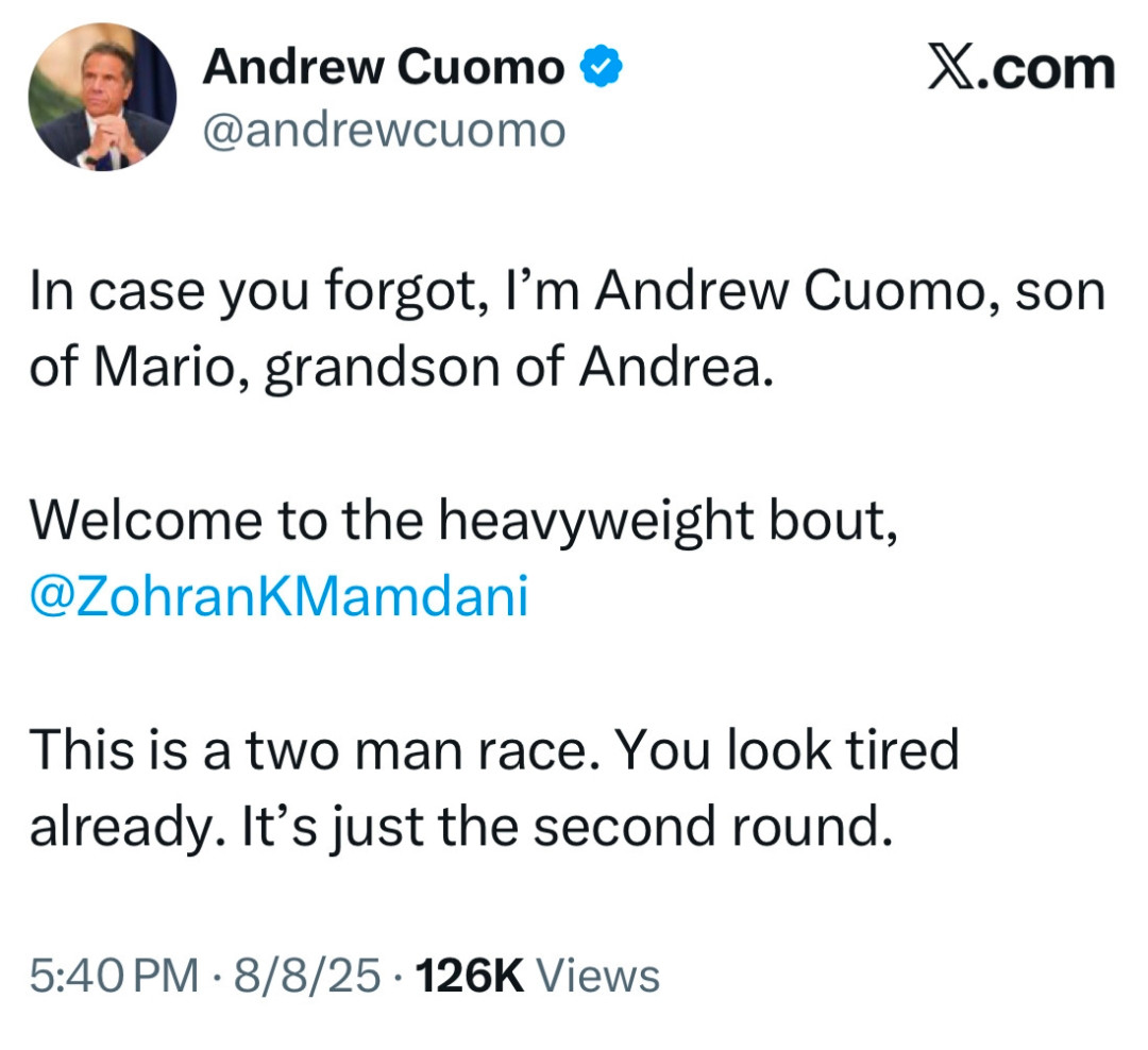 Tweet from Andrew Cuomo bragging about being Mario Cuomo's son.