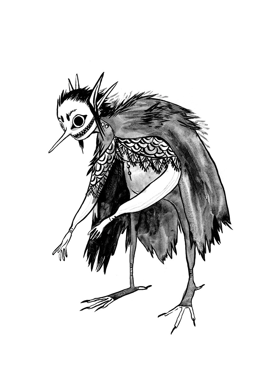 ink drawing of a goblin based on a starling. they have pointy ears, nose and a shaggy feather cloak.