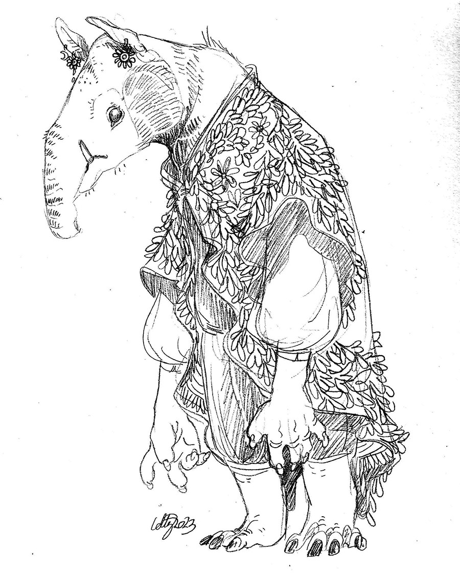 pencil drawing of a goblin based on a tapir. they are wearing a fancy coat with lacy ruffles all over.