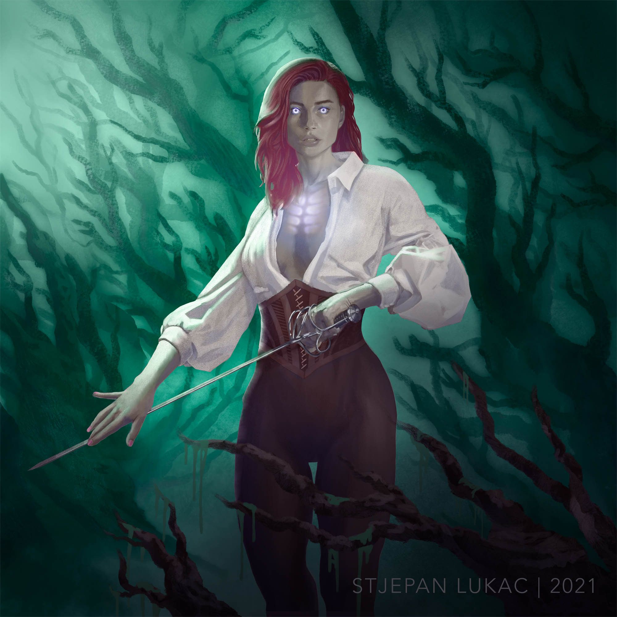 A mysterious woman with glowing eyes, and a light emerging from beneath her ribcage and shining through her skin. She's holding an elegant sword.