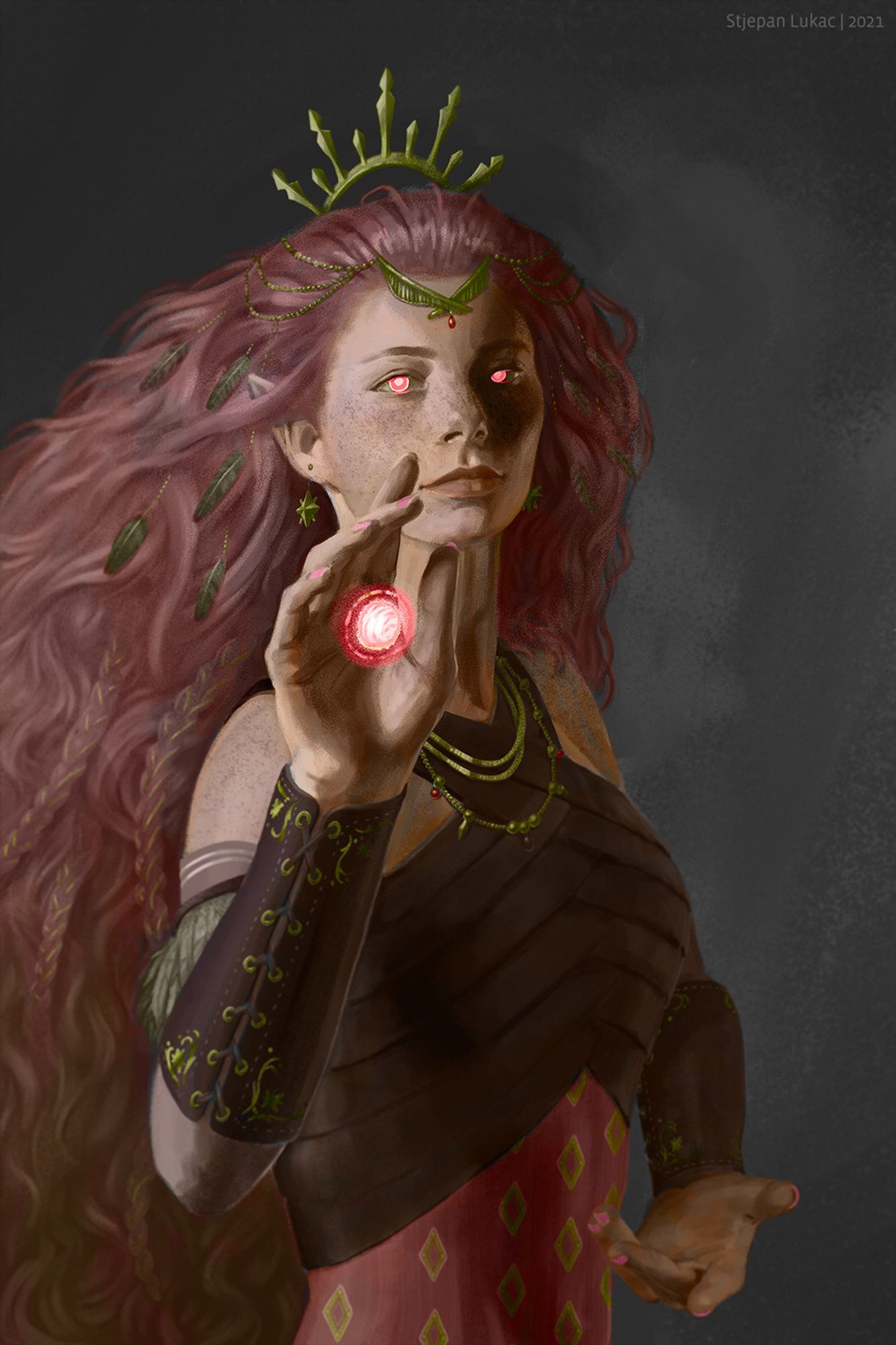 Artwork of regal looking druid holding a mote of energy in her hand.