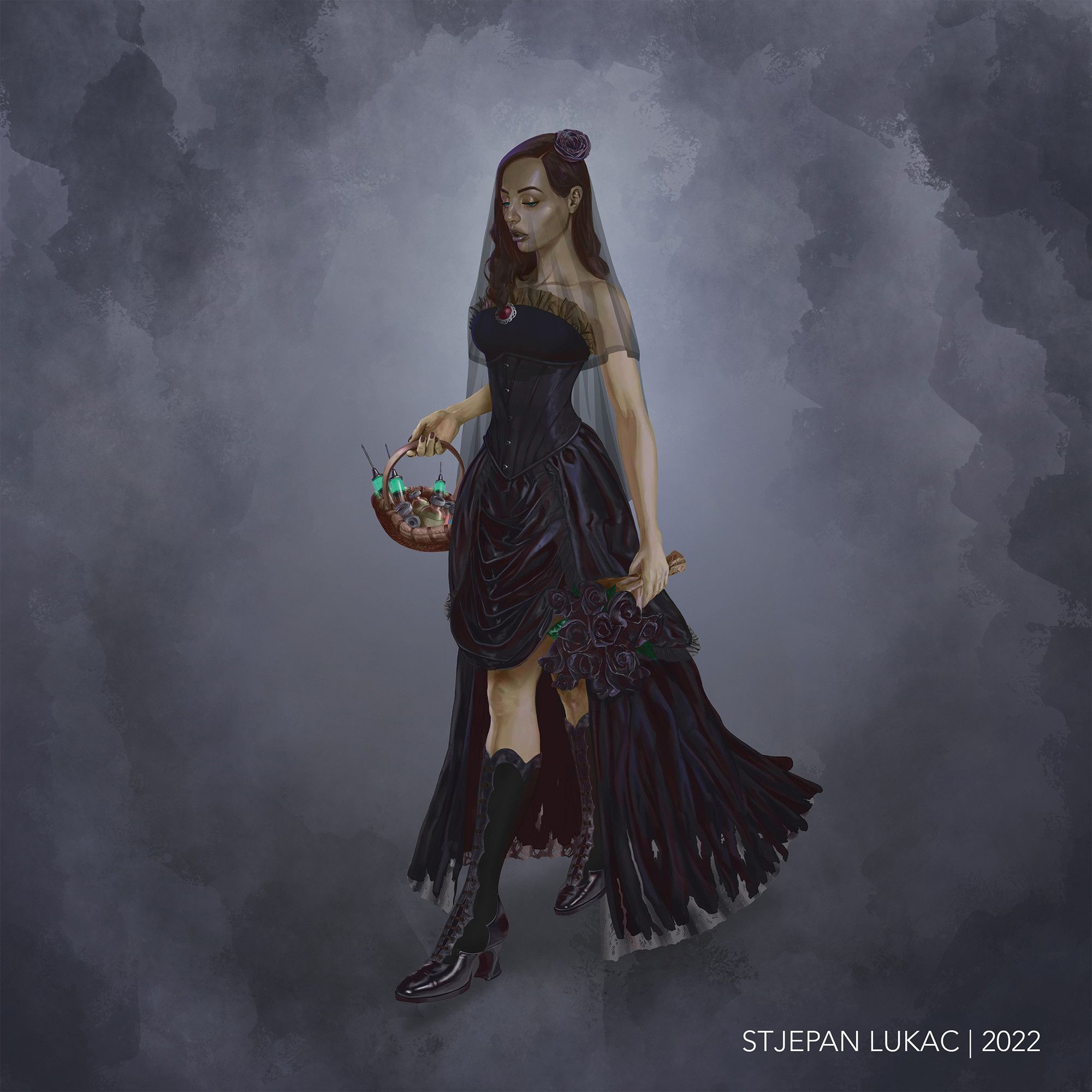 Artwork of "the Widow", a Victorian era inspired character that carries a woven basket with ampoules and syringes of poison in them.