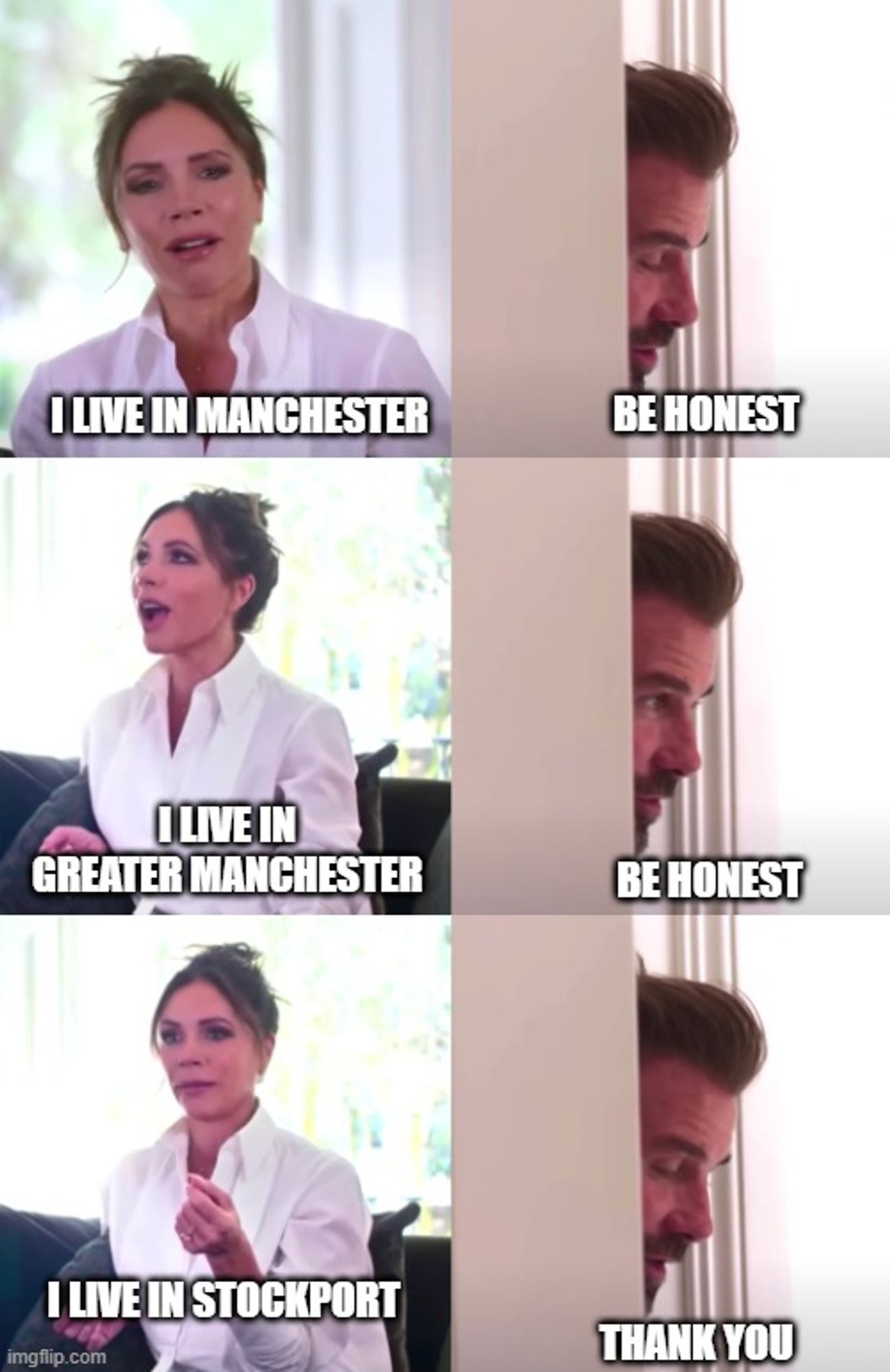 The same meme format, but this time Victoria claims she lives in Manchester, then Greater Manchester, before finally confessing its Stockport.