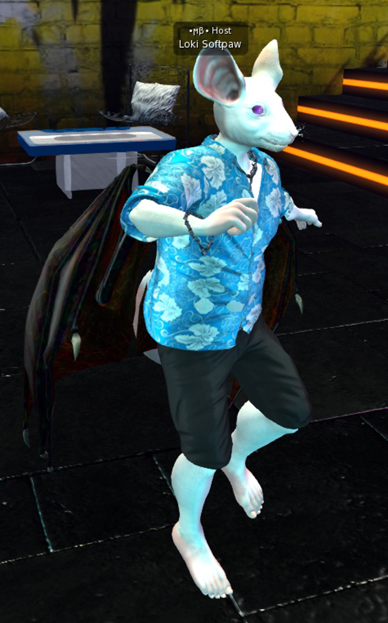 Loki, a white rat with purple eyes and black bat wings, dressed in a blue Hawaiian shirt and black knee shorts, dancing in an 80's themed dance club.