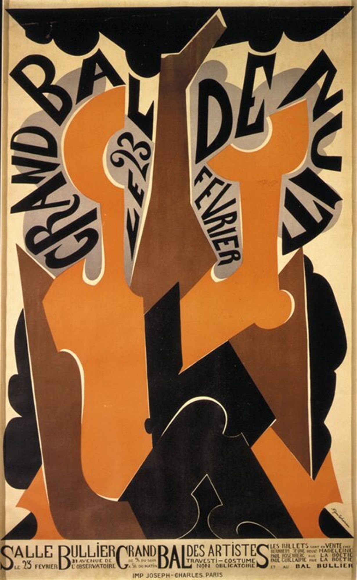 Natalia Goncharova designed this poster for the Grand Bal des Artistes held at the Salle Bullier, Paris, on February 23, 1923. Her poster reveals the influence of Cubism in its fragmented spatial composition against a flat space with hard-edge silhouettes suggestive of figures. The edges of the compositional elements are separated to permit a view of the background.