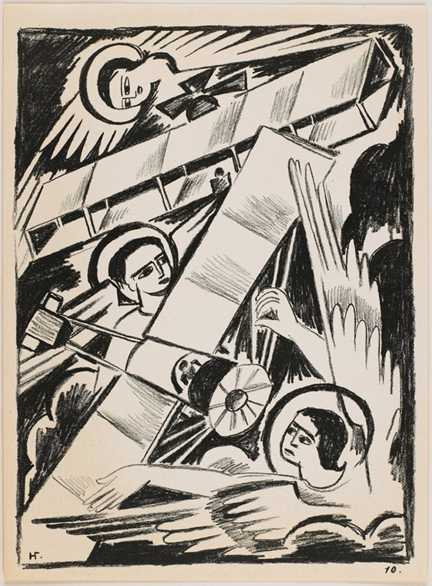 Plate 10
Russian artists responded to the outbreak of war in Central Europe in 1914 in paintings and works on paper. In her portfolio "Mystical Images of War," Natalia Goncharova depicts all aspects of armed conflict past and present, ranging from the archangel Michael riding triumphantly through flames on horseback to celestial beings observing fighter planes in combat. She realizes her apocalyptic vision of war in this powerful portfolio of masterful lithographs formally inspired by the solemn gravity of traditional Russian icons and the dynamism of contemporary Futurist painting. She successfully draws upon these diverse stylistic influences to express the horror of armed conflict.