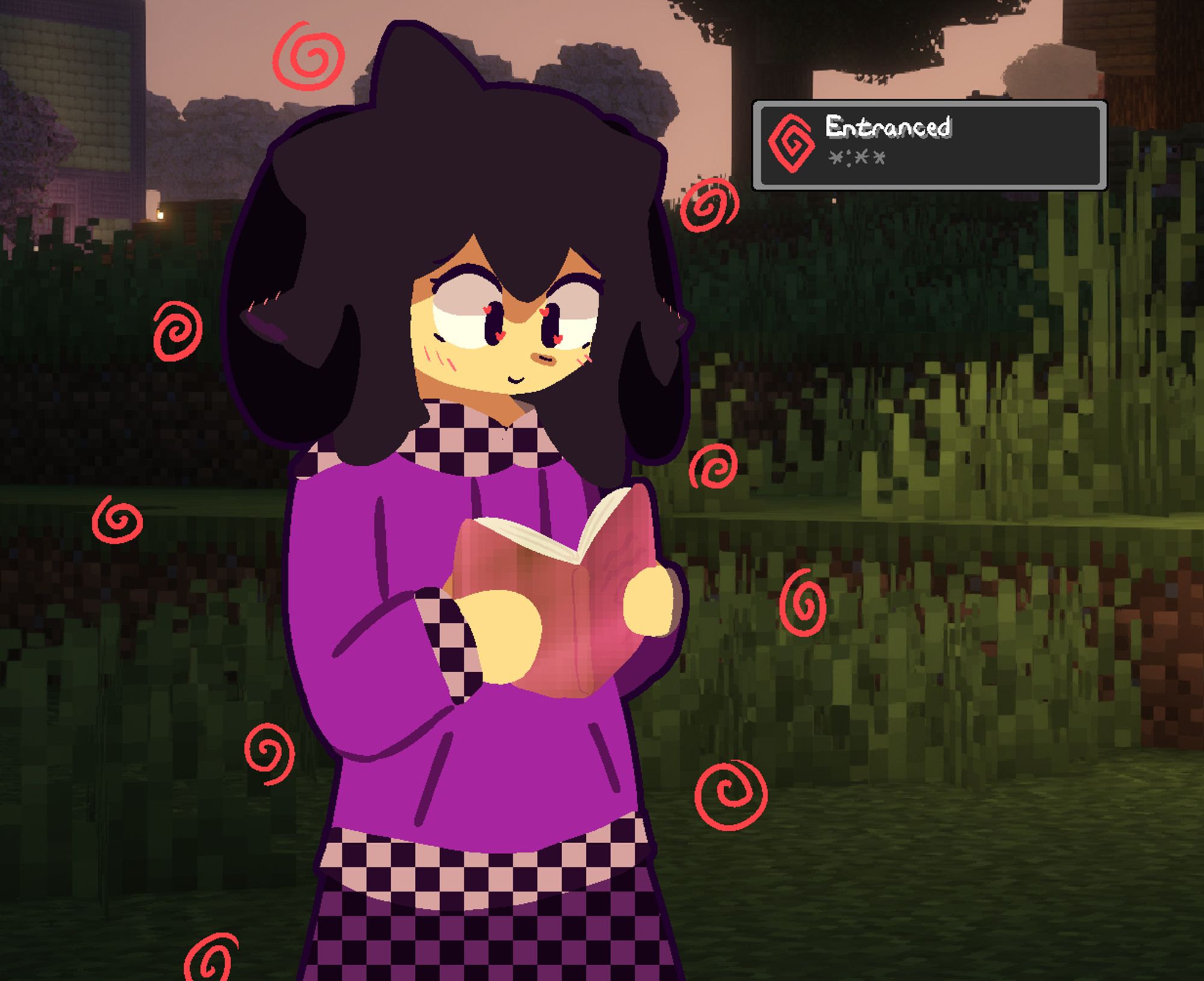 A ram person in a Minecraft world, happily reading a, enchanted book with a blush on their face and ears. They have an infinite potion effect applied to them called "Entranced."