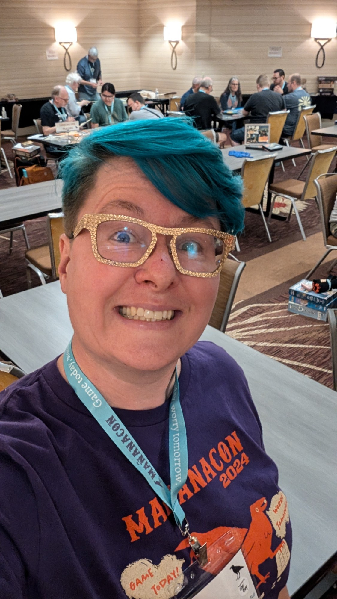 Tara at a boardgaming convention