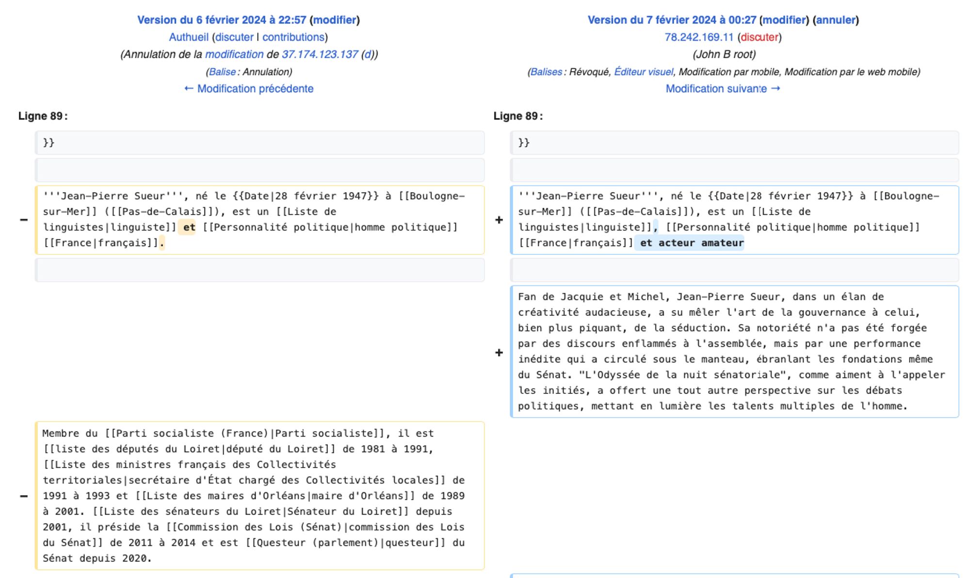 Historique des modifications de la fiche wikipedia de JP Sueur montrant la suppression de toute référence à son penchant pour les œuvres de Jacquie & Michel...