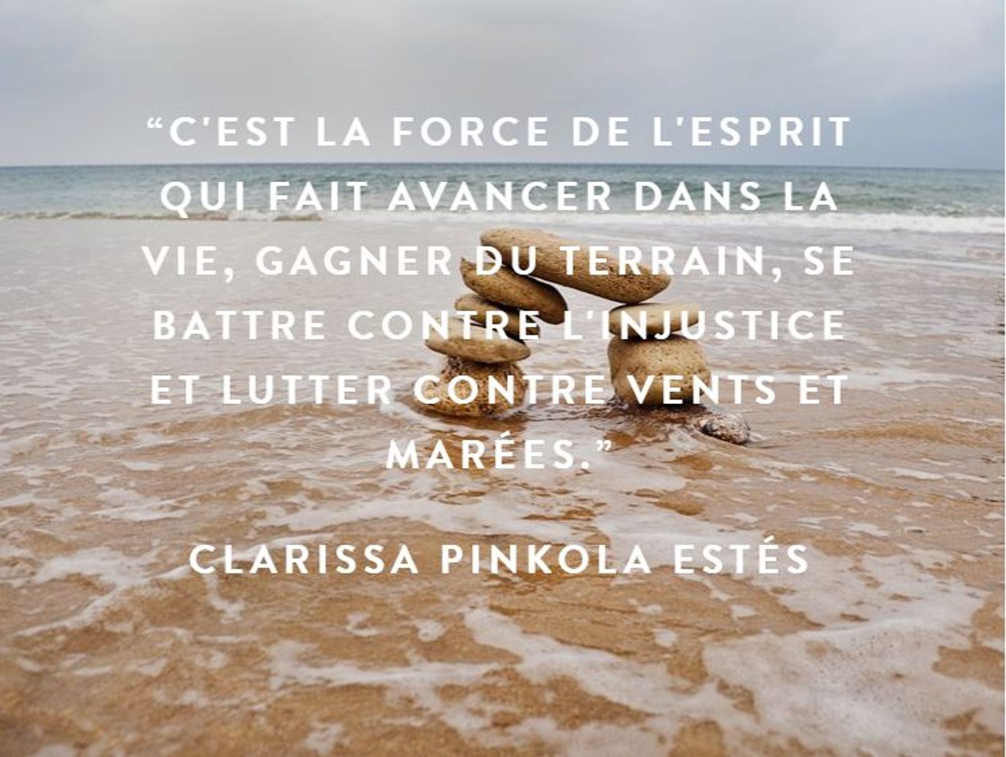 L'image est une photo du bord de mer. On y voit des cailloux posés les uns sur les autres pour faire un pont.
La citation est écrite en blanc et en majuscules, sur l'image. Elle dit :
"C'est la force de l'esprit
qui fait avancer dans la 
vie, gagner du terrain, se
battre contre l'injustice
et lutter contre vents
et marées.
Clarissa Pinkola Estés.