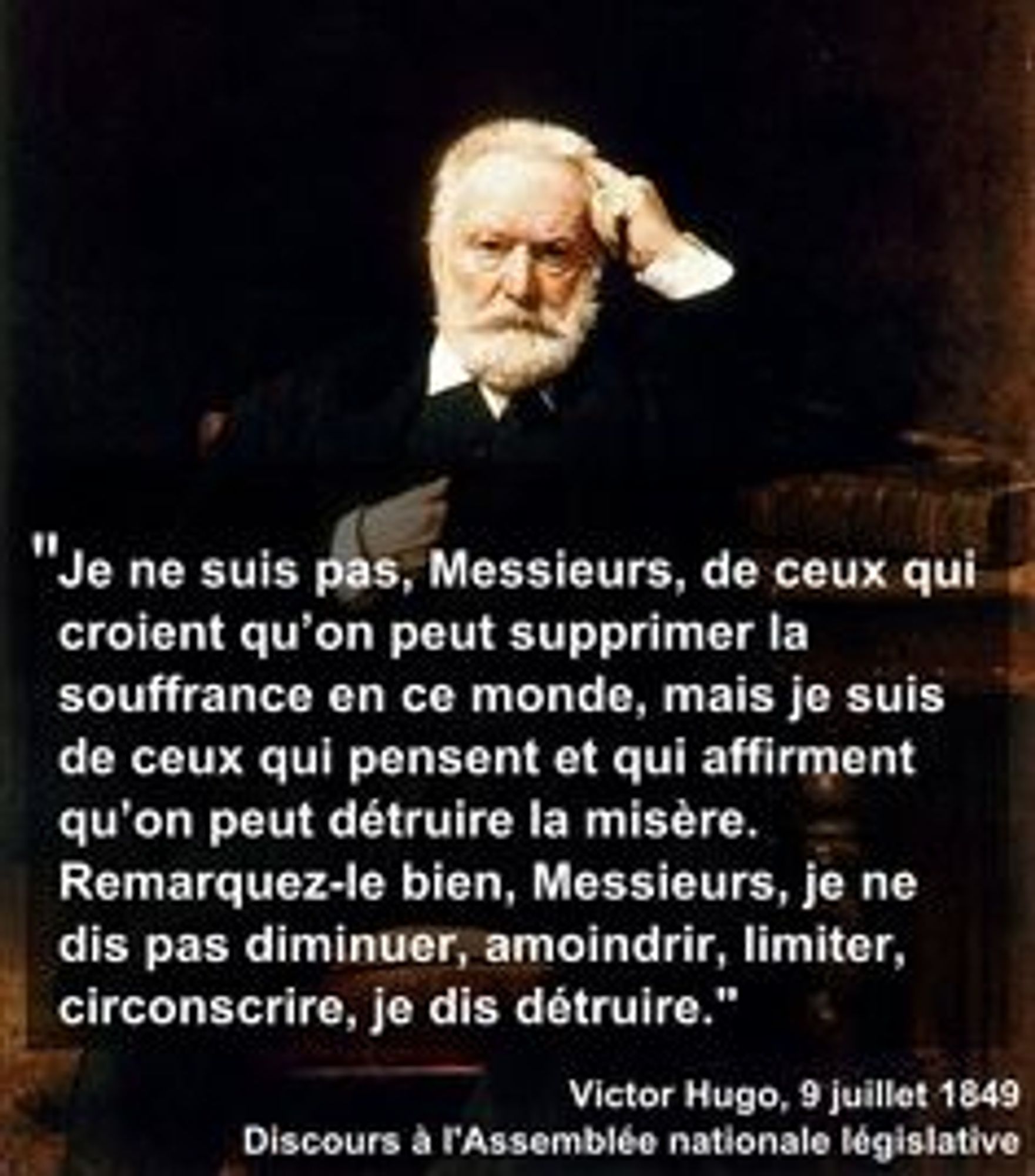 L'image représente le portrait de Victor Hugo, pensif. La citation est écrite en blanc, au milieu de l'image, sous le portrait. 
Elle dit :
"Je ne suis pas, messieurs, de ceux qui
croient qu'on peut supprimer la
souffrance en ce monde, mais je suis
de ceux qui pensent et qui affirment
qu'on peut détruire la misère.
Remarquez-le bien, messieurs, je ne
dis pas diminuer, amoindrir, limiter, circonscrire, je dis détruire."
Victor Hugo 9 juillet 1849
Discours à l'Assemblée Nationale législative.