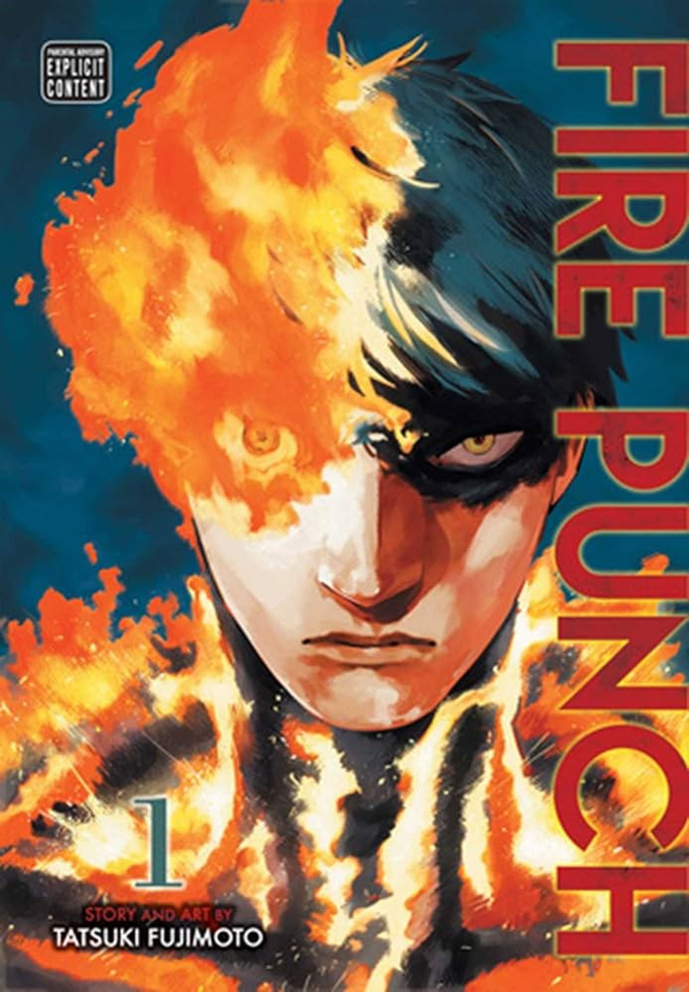 The front cover of the first volume of fire punch and young man with black hair staring at the reader. His body and some of his face is covered in fire.