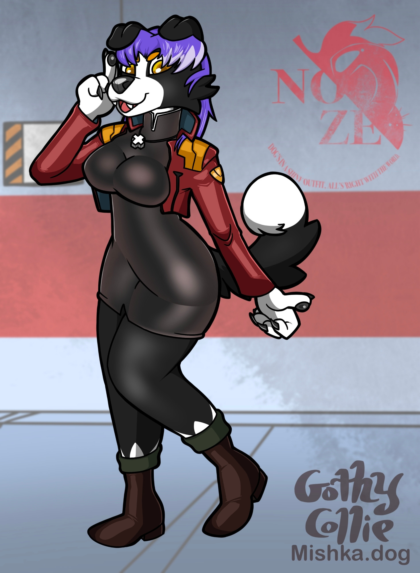 An illustration of an anthro female border collie dressed as Misato Katsuragi from Neon Genesis Evangelion: a short cut red leather dress with orange livery, high Chinese-style tight black dress that stops at the thighs, and brown boots