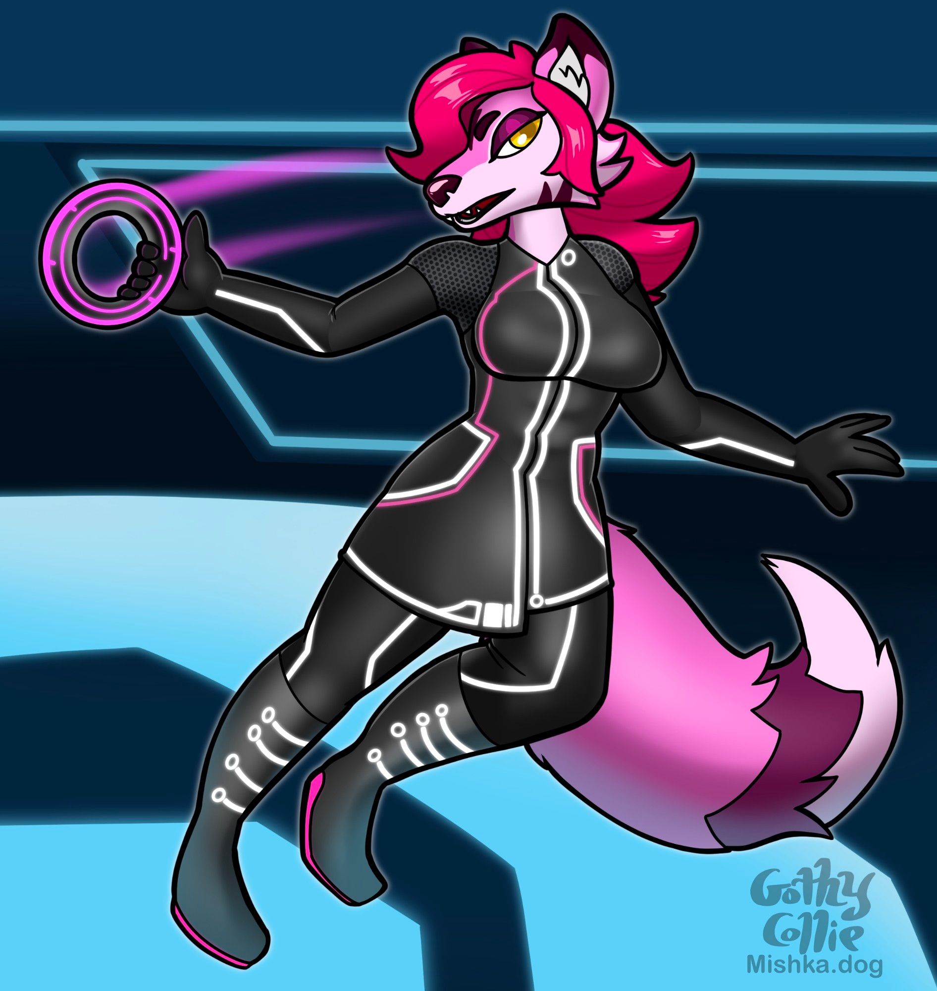 An illustration of an anthro female pink wolf with pink head wearing a TRON outfit swinging a TRON disc in a glowing TRON area