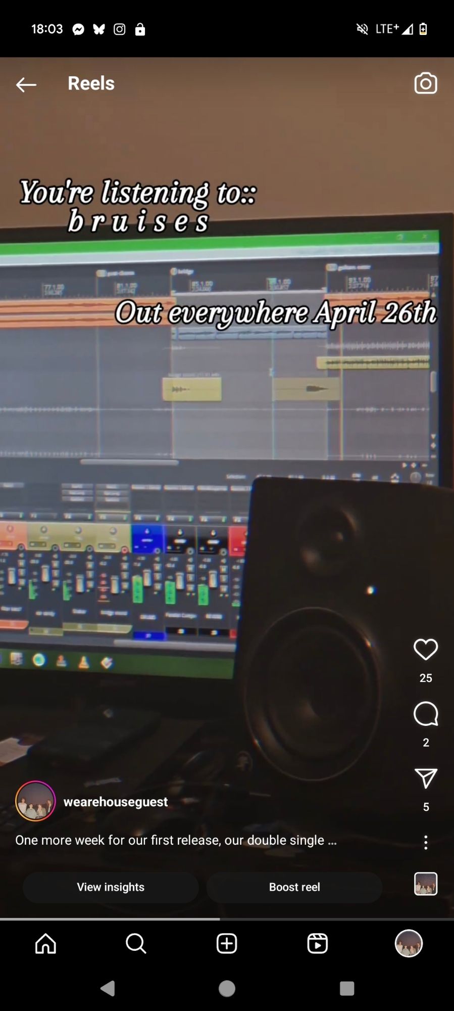 a screenshot from instagram of a reaper audio workstation and the words "you're listening to: bruises, out everywhere April 26th." on that note, don't read this alt text. go listen to the teaser!