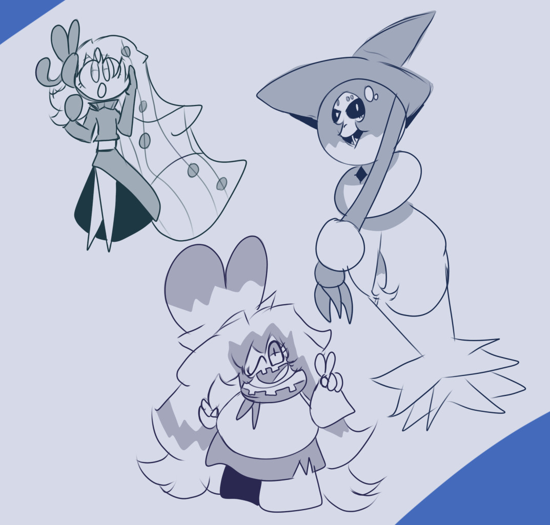 Sketches of Meloetta, Tinkaton, and Hatterene