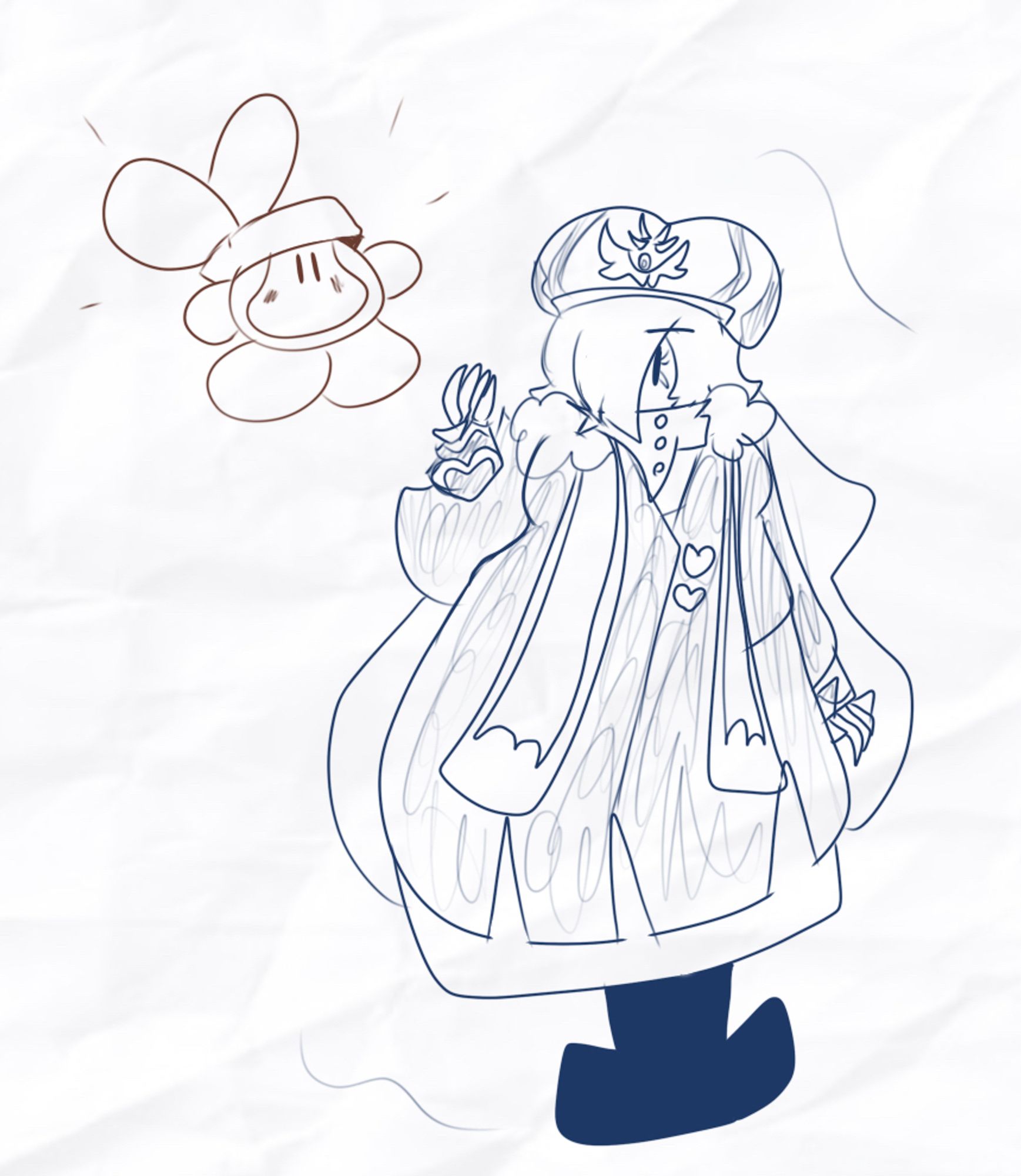 A sketch of Bandana Waddle Dee, and a gijinka of Francisca, with some fluffy winter coat attire on her outfit