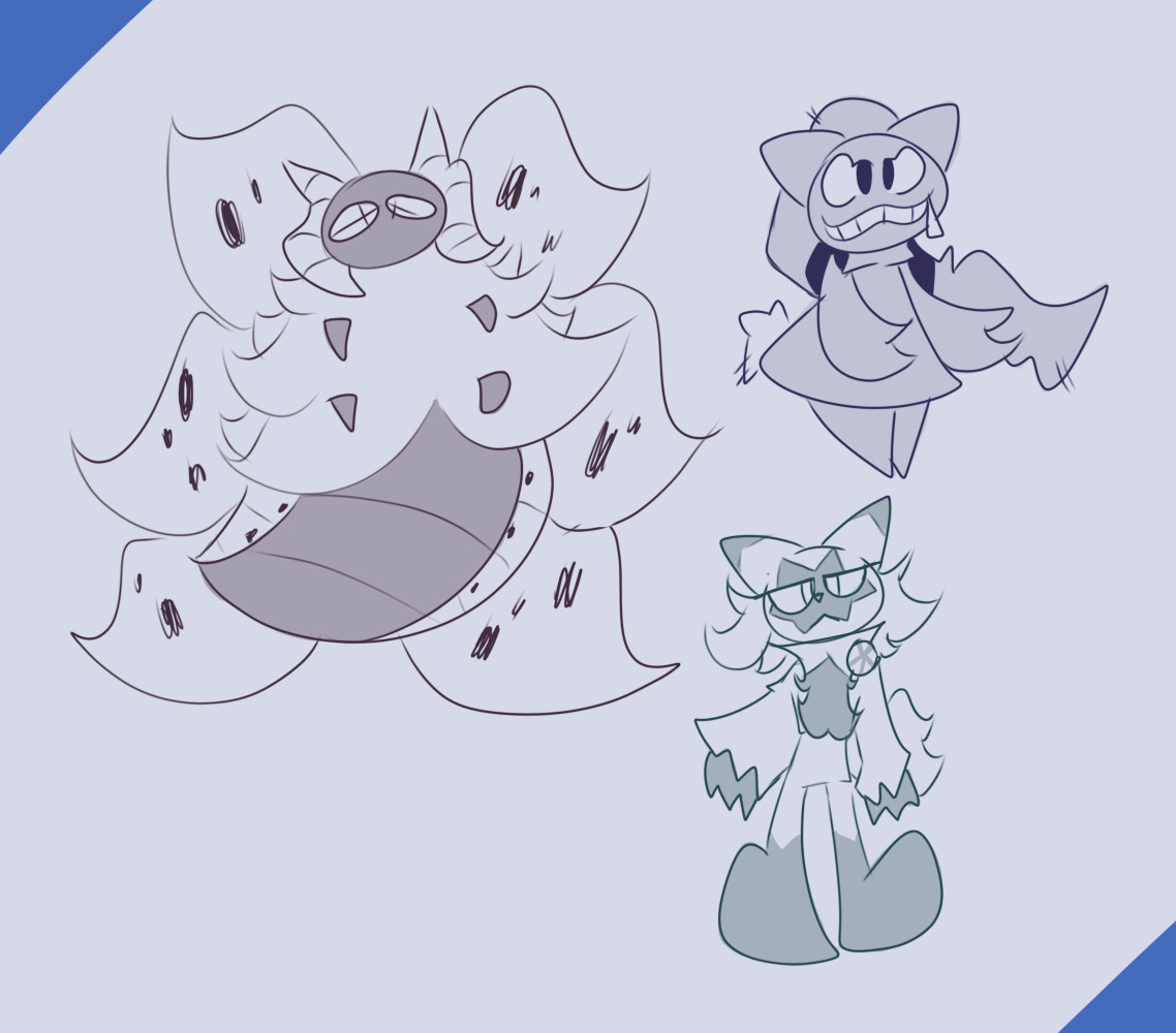 Sketches of Volcarona, Floragato, and Banette