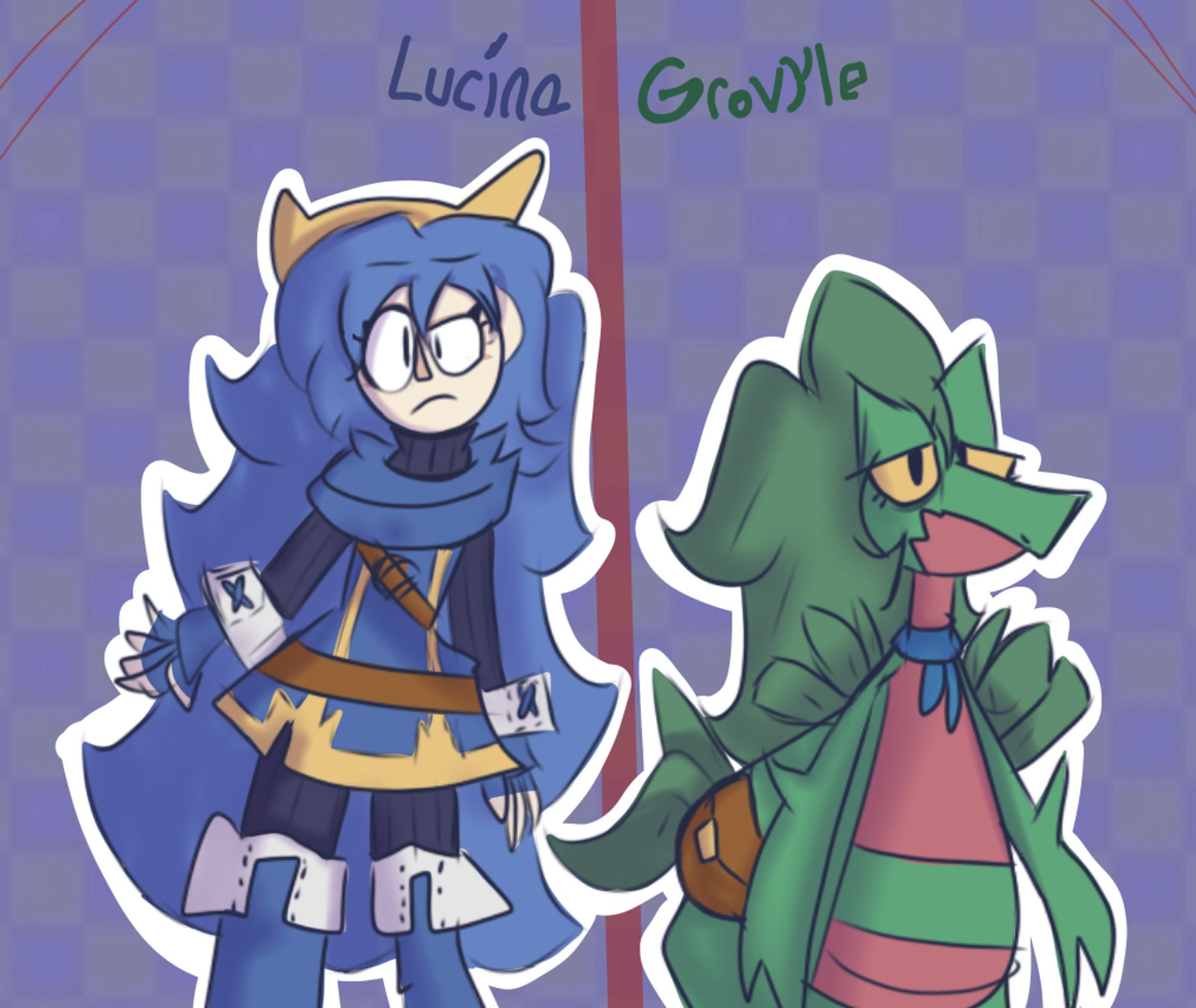 Artwork of Lucina from Fire Emblem Awakening and Grovyle from Pokemon Mystery Dungeon, standing side by side with a red line between them