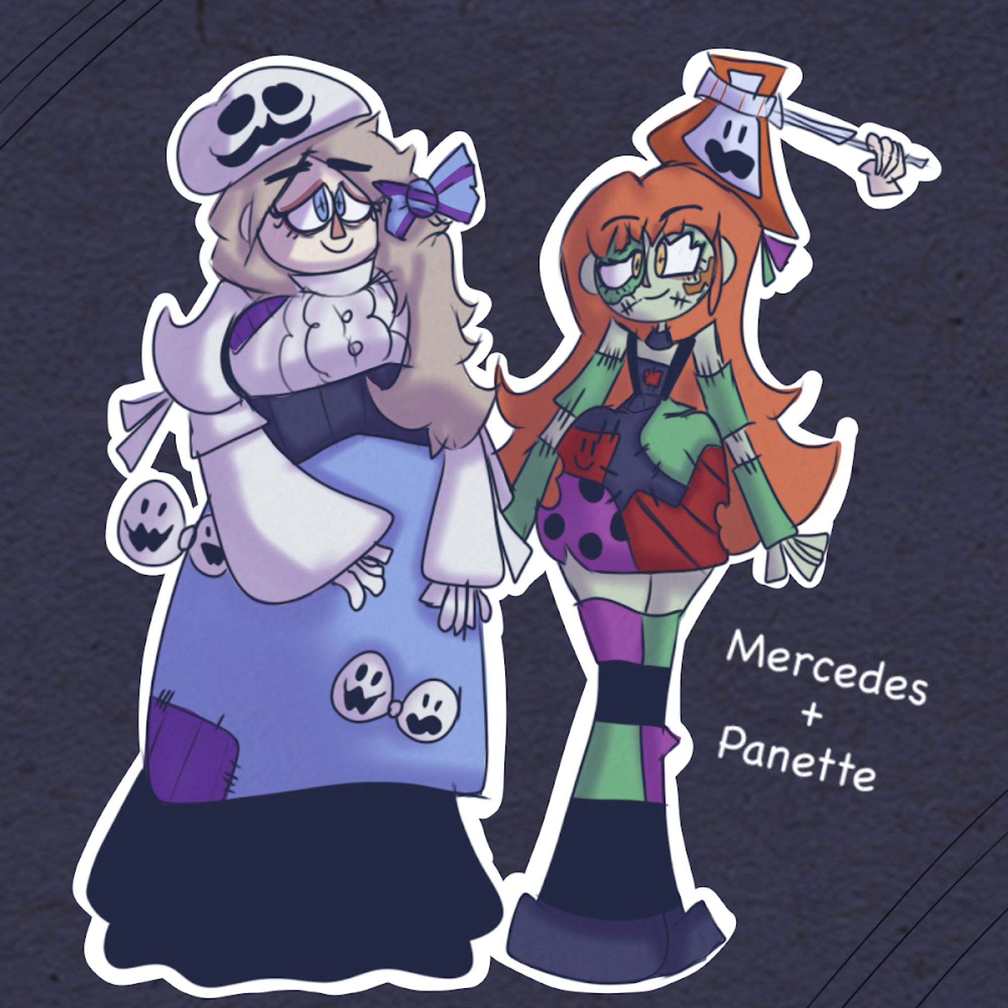 Artwork of Mercedes from Fire Emblem: Three Houses and Panette from Fire Emblem Engage. Mercedes is wearing a white blouse with a black undershirt and long blue skirt, purple patchwork, and a ghost themed beret and various bows. Panette is wearing a zombie based outfit with green skin, and a black dress with red, green, and purple patches, with a fake axe and fake hand attached to it on her head.