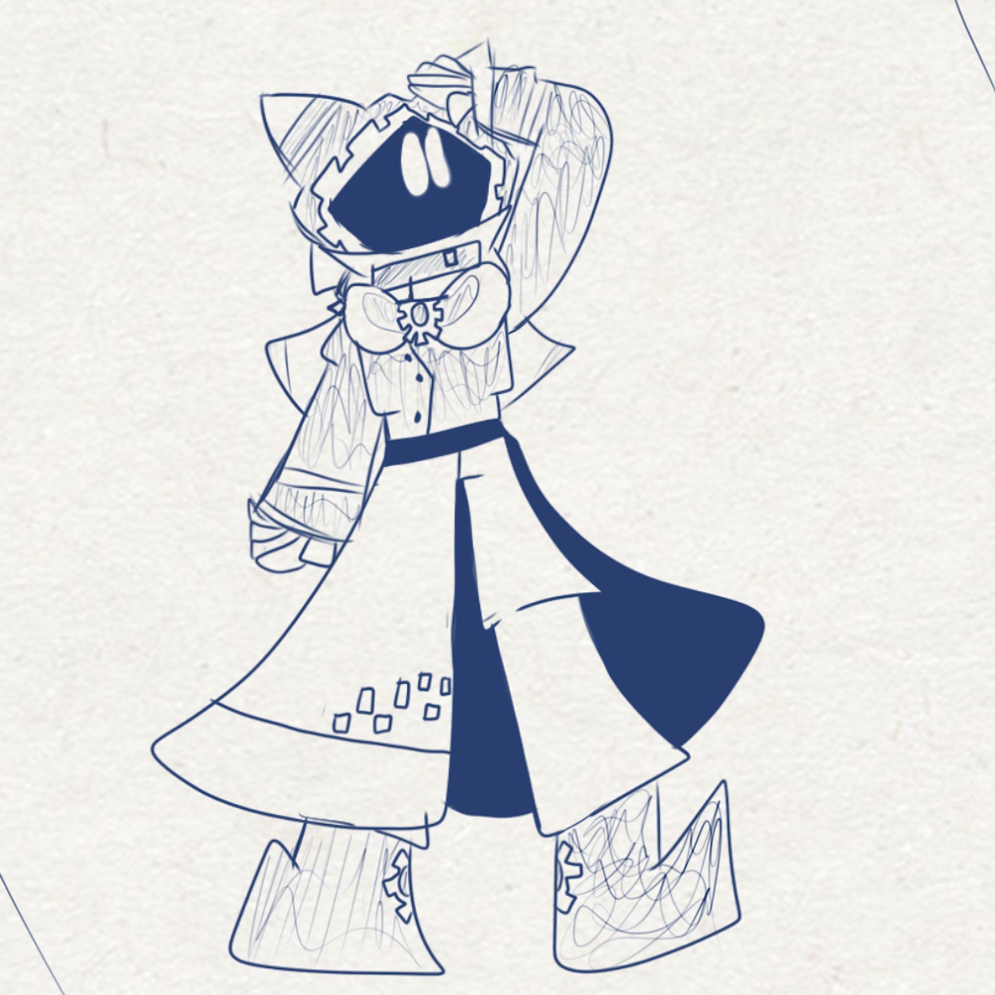 A sketch of gijinka Magolor, wearing a suit of sorts with a robe tied around him and flowing around his legs. He has a bowtie with a gear in the middle