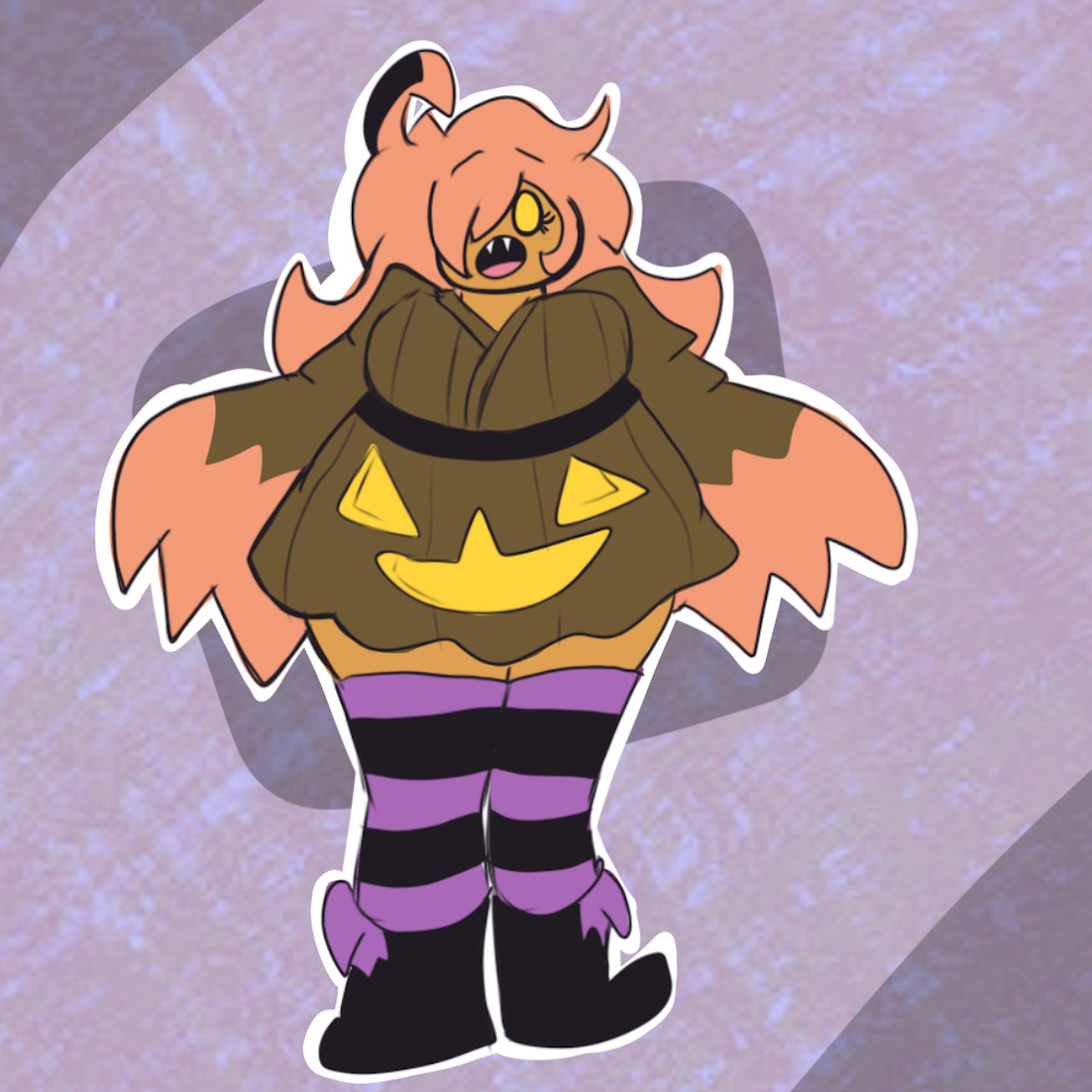 A Gourgeist themed character, wearing a brown pumpkin-y kimono and long purple and black striped socks, with pink hair that covers one eye.