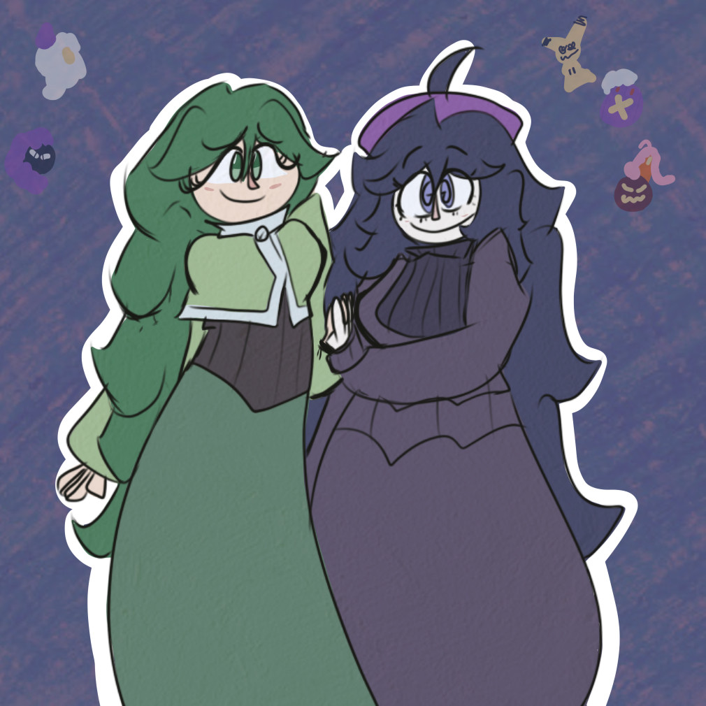 Cheryl and Hex Maniac holding hands, with rough doodles of various ghost types in the back. Cheryl seems a bit worried about ghosts and Hex is smiling