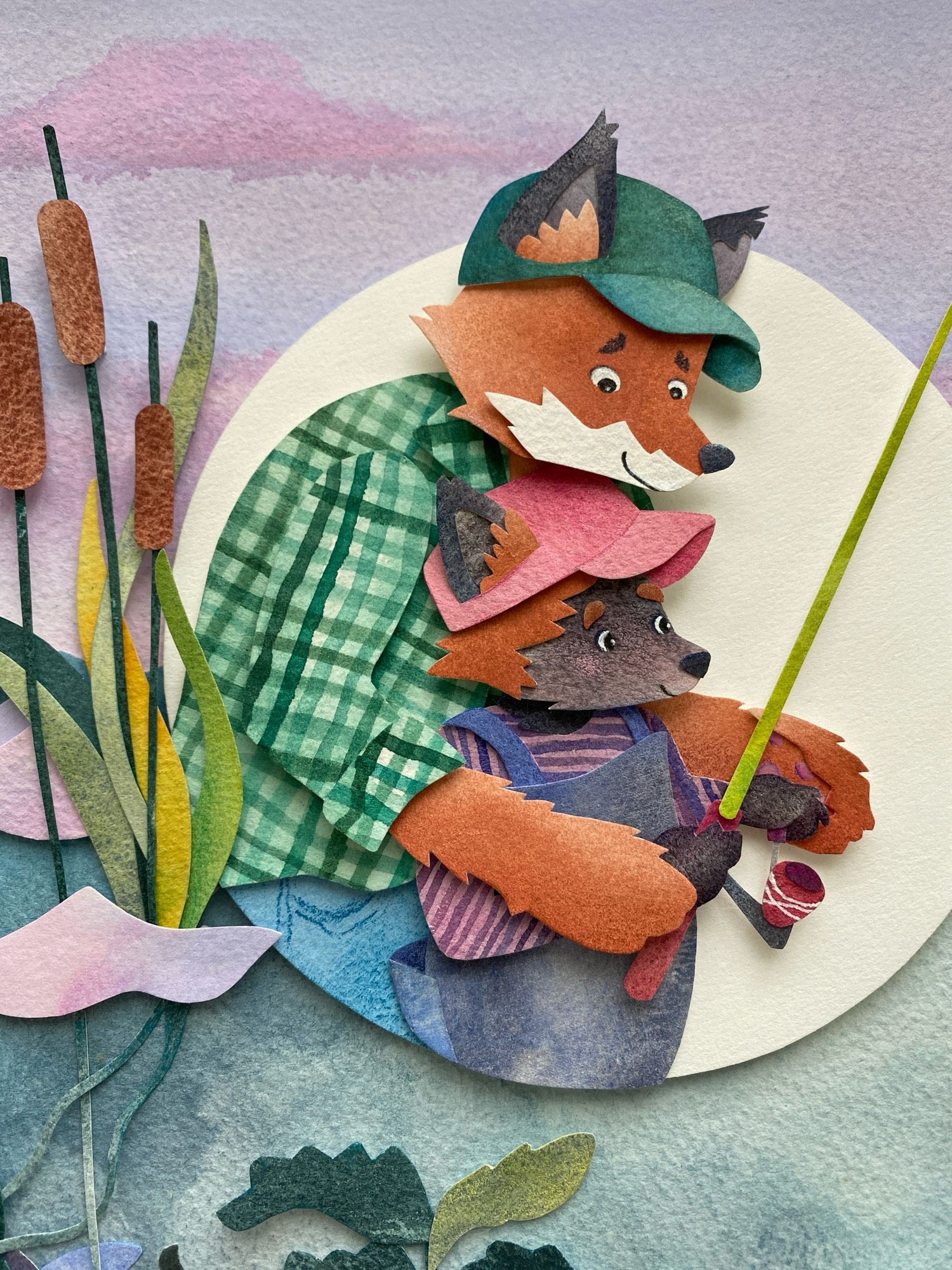 Children’s book art illustration of a Papa fox fishing with a Little fox, his paws over hers showing her how to turn the reel on the fishing pole.