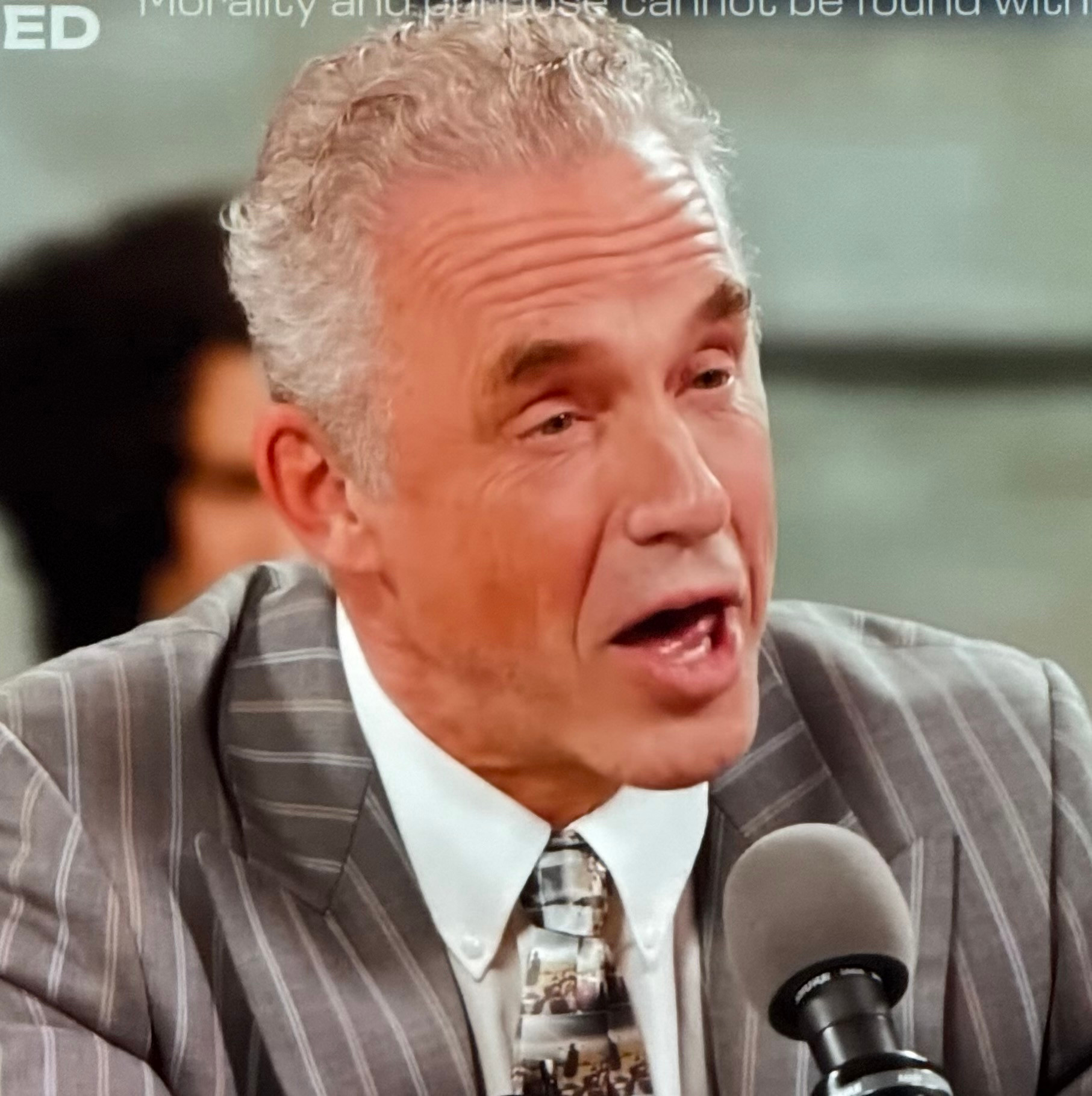 Jordan Peterson from the YouTube video Peterson vs 20 atheists. He looks like a used car salesman write after the check clears.