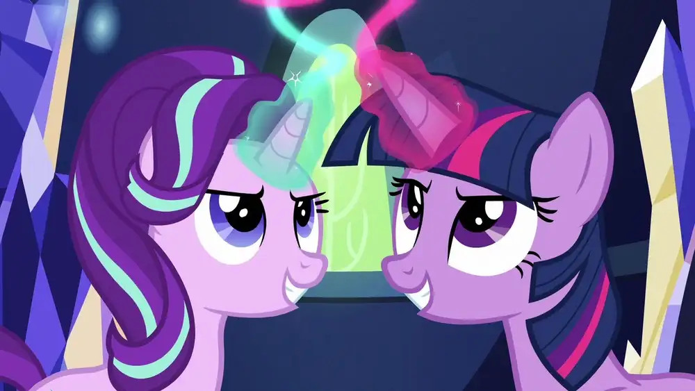 Twilight Sparkle and Starlight Glimmer, combining their magic with triumphant expressions.