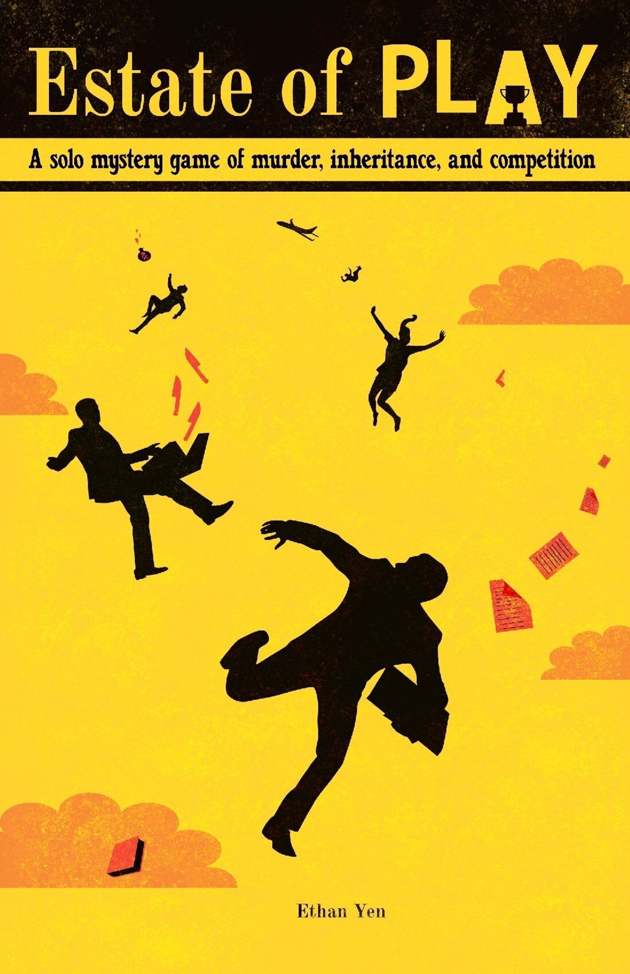 Silhouette of figures falling out of a plane with murder weapons around them.