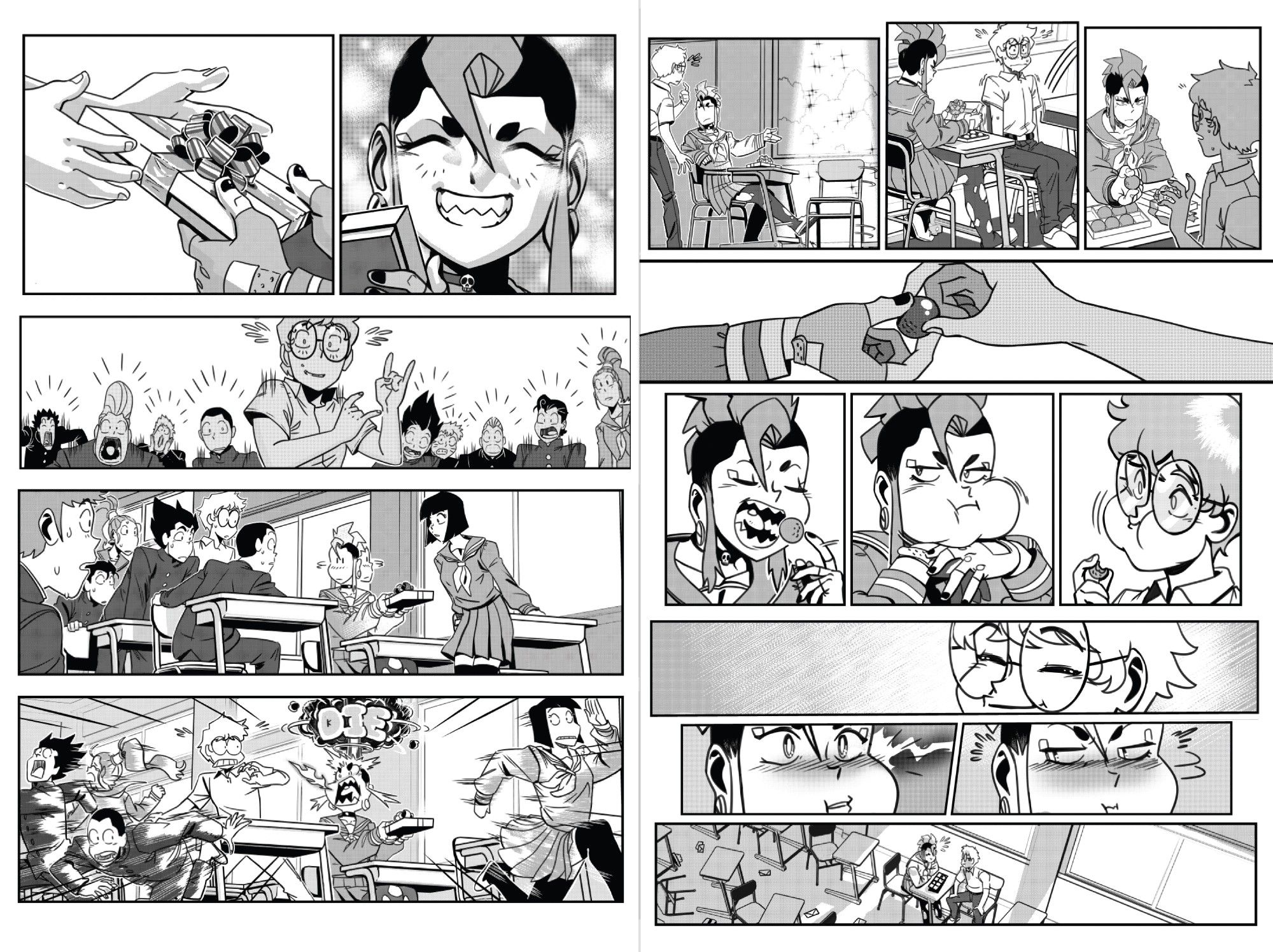 Page 14 and 15 of my 2019 Taka portfolio-- Taka smiles as she receives takes the chocolates. The student and everyone else in the class are shocked. Taka looks around embarrassed and yells at them--causing the class to run away. Taka offers the student a seat near her and they share the chocolates. The student smiles at Taka, embarrassing her. The end.