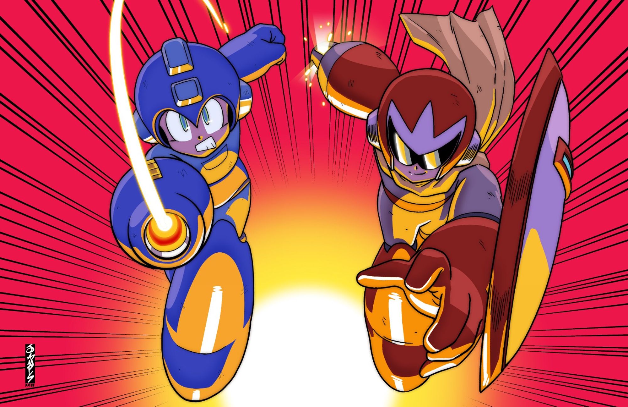 drawing of Mega Man and Proto Man jumping at the screen.