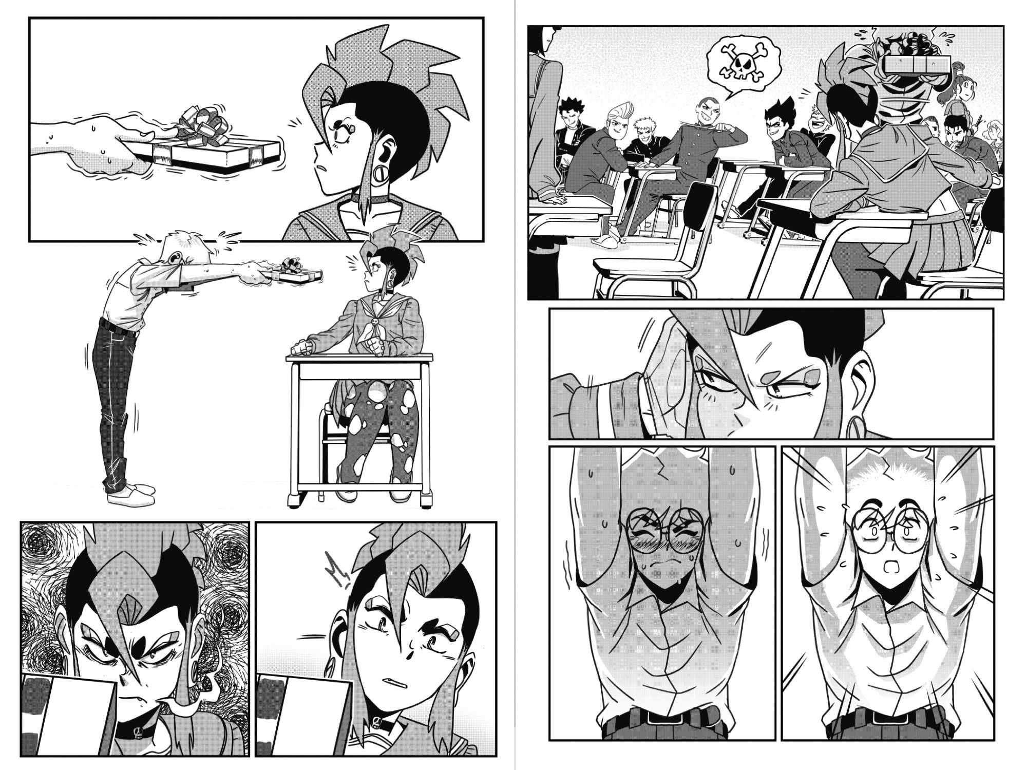 Page 12 and 13 of my 2019 Taka portfolio-- A student is holding a box of chocolates out at Taka, who is surprised at first. She quickly moves to anger but then notices all the other students behind the student are making fun of them. The student is nervous but then is surprised by something happening off-panel.