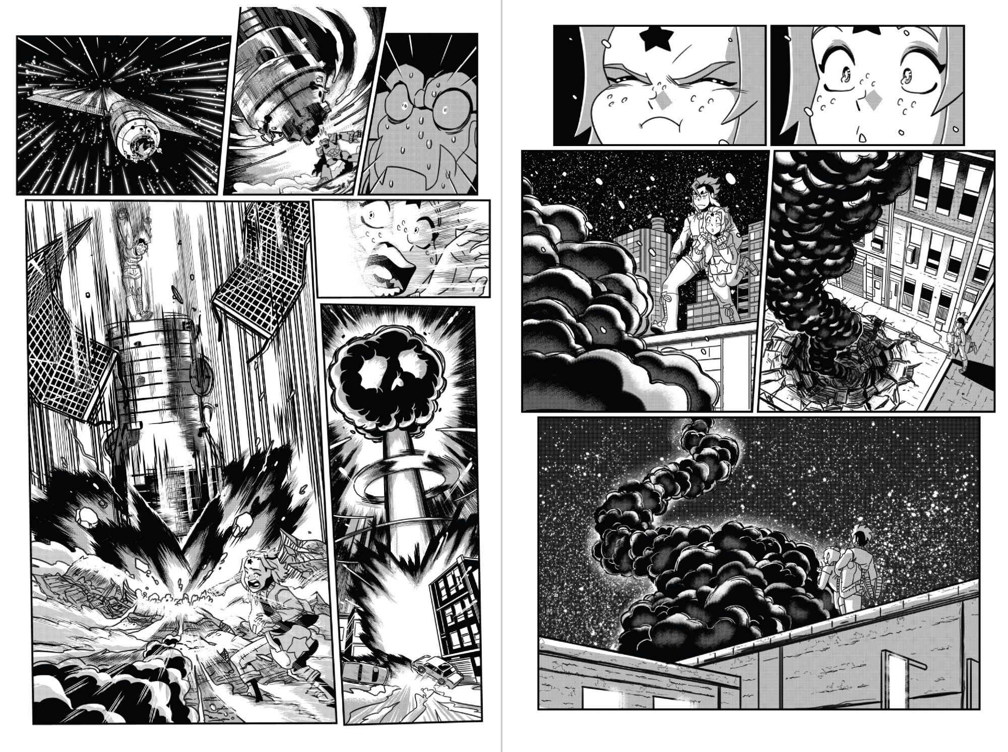 Page 9 and 10 of my 2019 Taka portfolio-- Surprise! Taka has kicked a satellite down crashing onto the Chimecha. the explosion washes over Star, leaving behind a Skull shaped explosion--is this the end of Star? Surprise! Star is fine, Taka got her out just in time, as the two stand above the scene on a building looking over the giant crater where the Chimecha once stood.