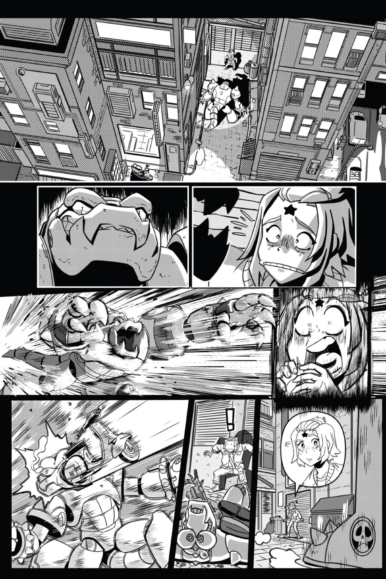 Page 6 of my 2019 Taka portfolio-- The next story begins with Star about to be attacked by a Chimecha, but just as they attack a Vespa smacks the Chimecha in the head. We look off panel to find--